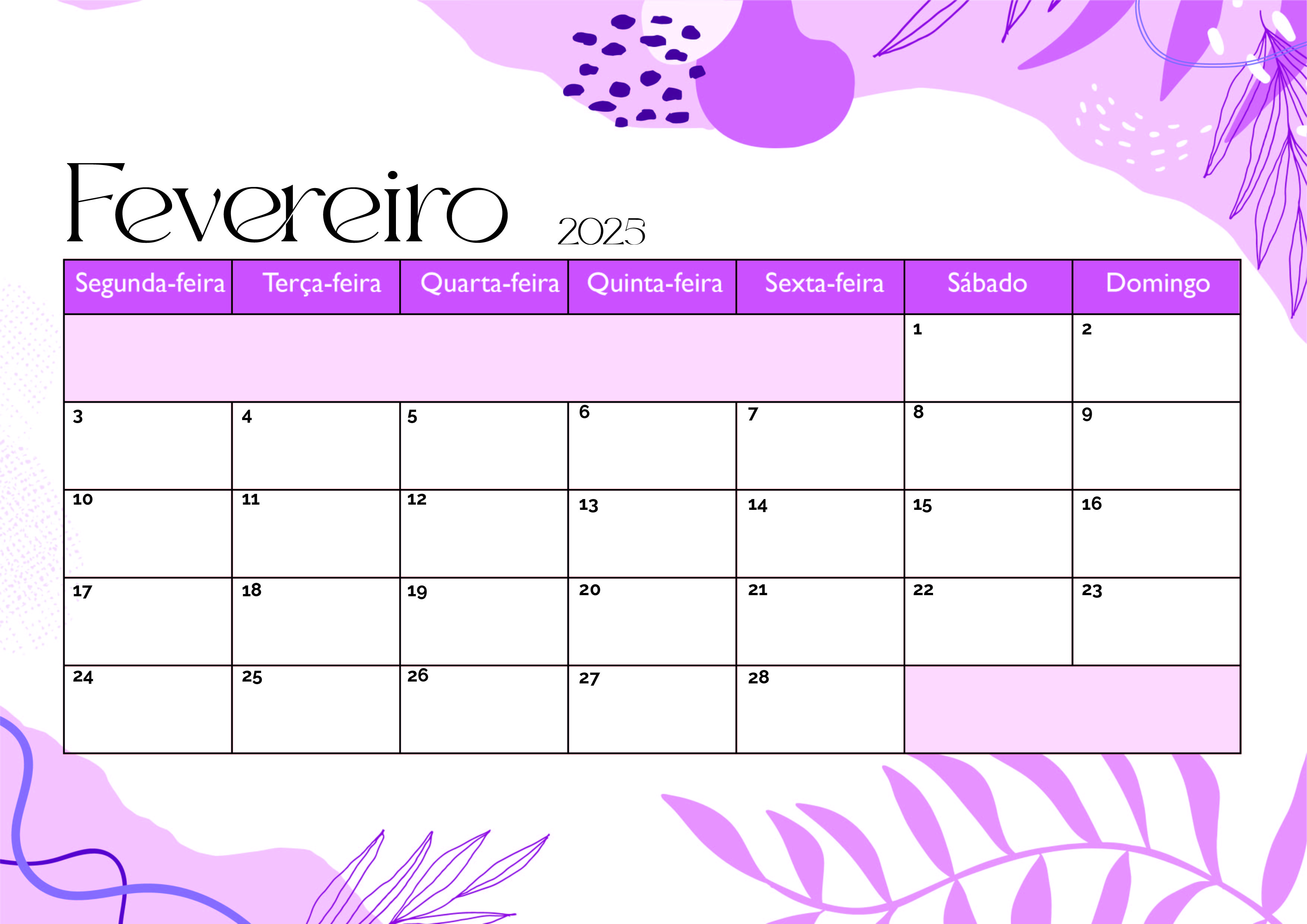Calendário de Fevereiro de 2025 para imprimir em PDF
