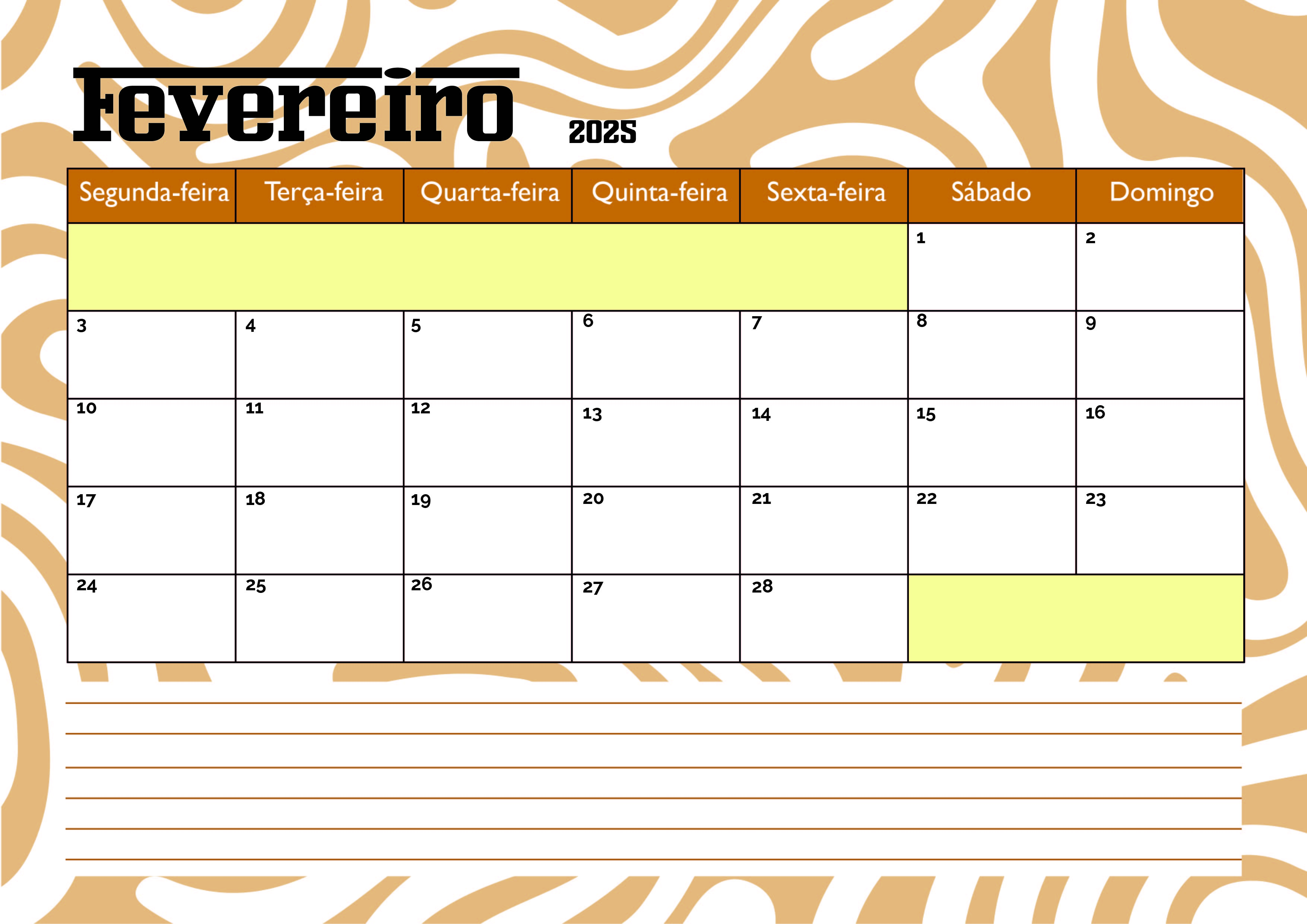 Calendário de Fevereiro de 2025 para imprimir em PDF