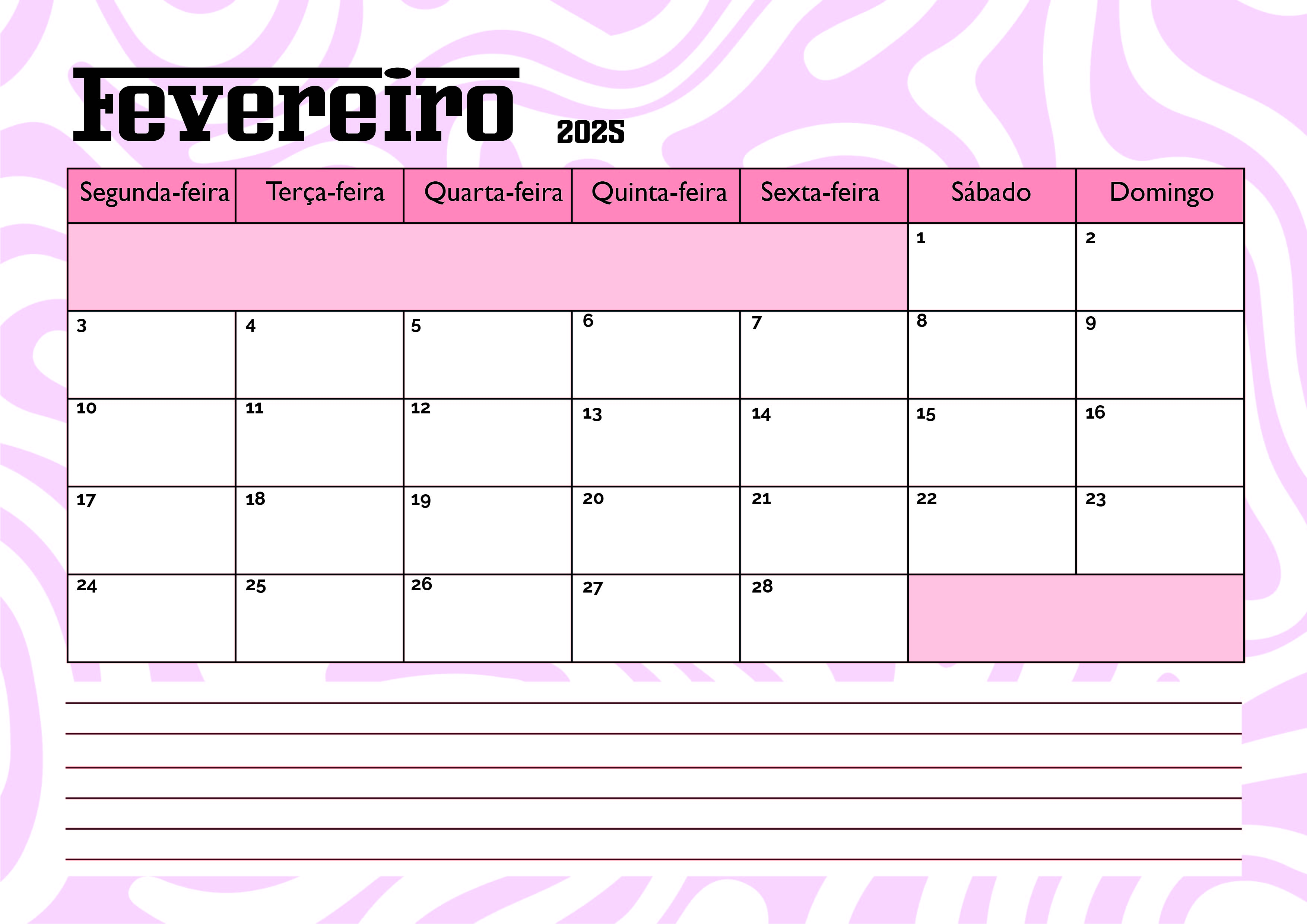 Calendário de Fevereiro de 2025 para imprimir em PDF