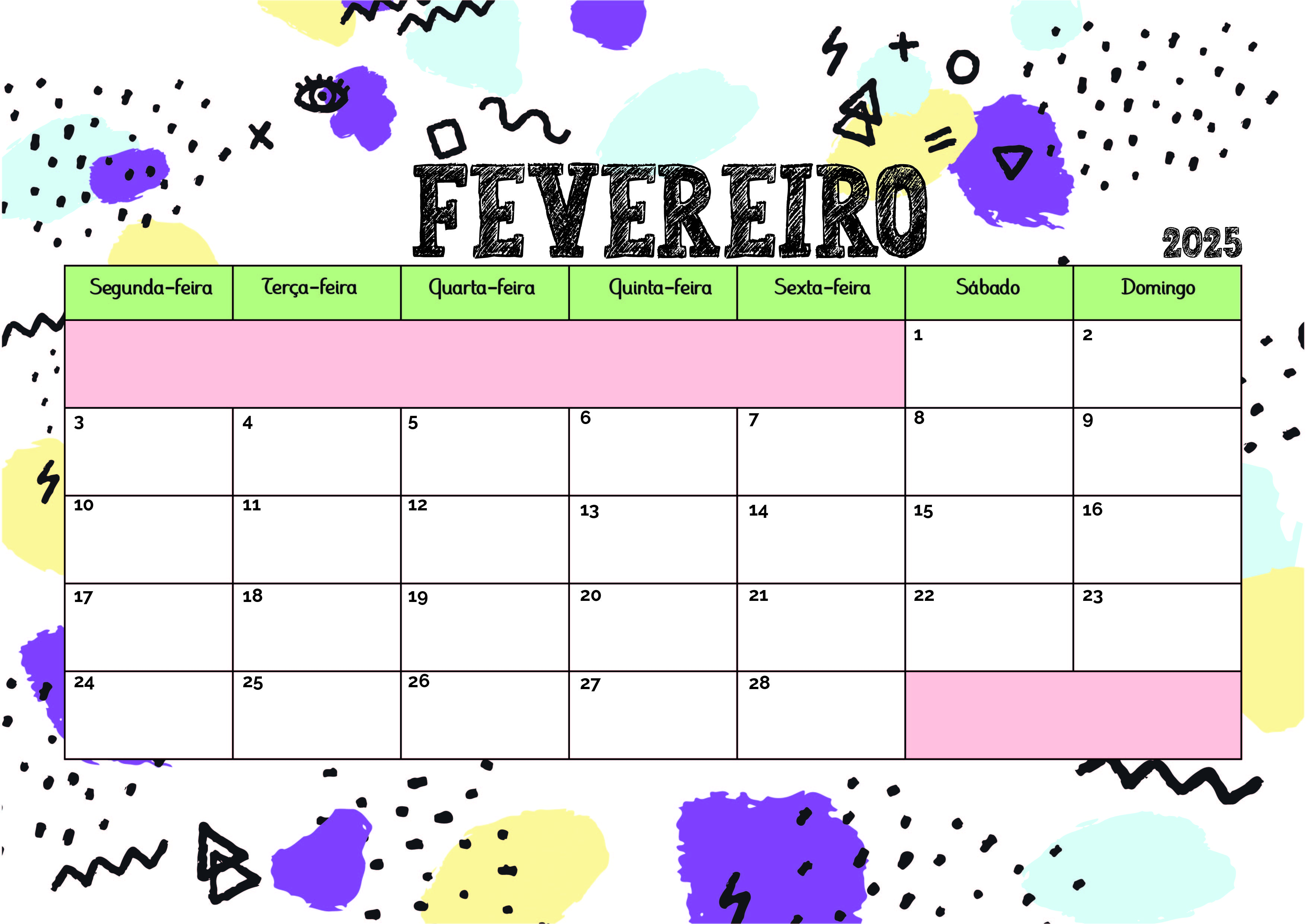 Calendário de Fevereiro de 2025 para imprimir em PDF