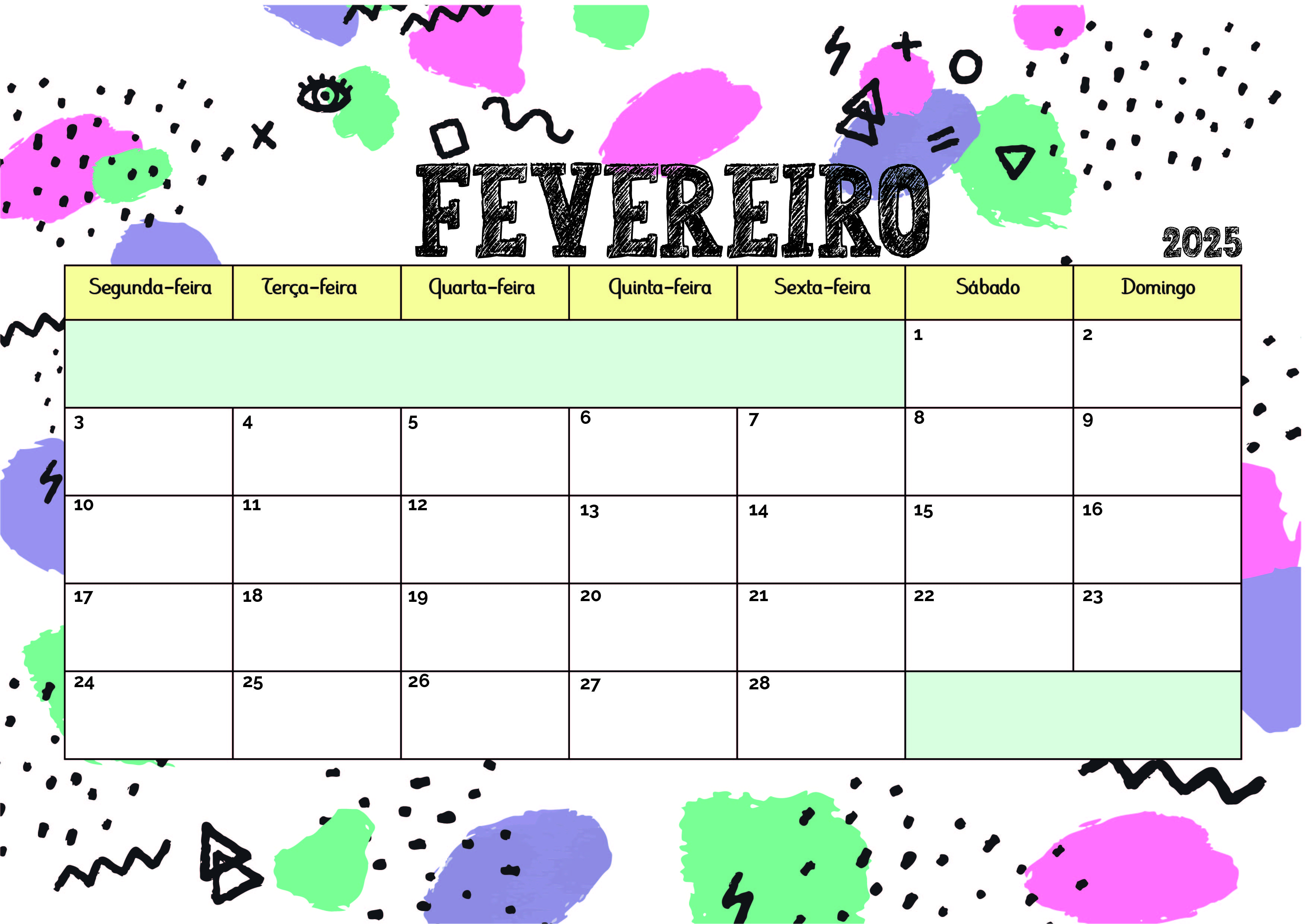 Calendário de Fevereiro de 2025 para imprimir em PDF