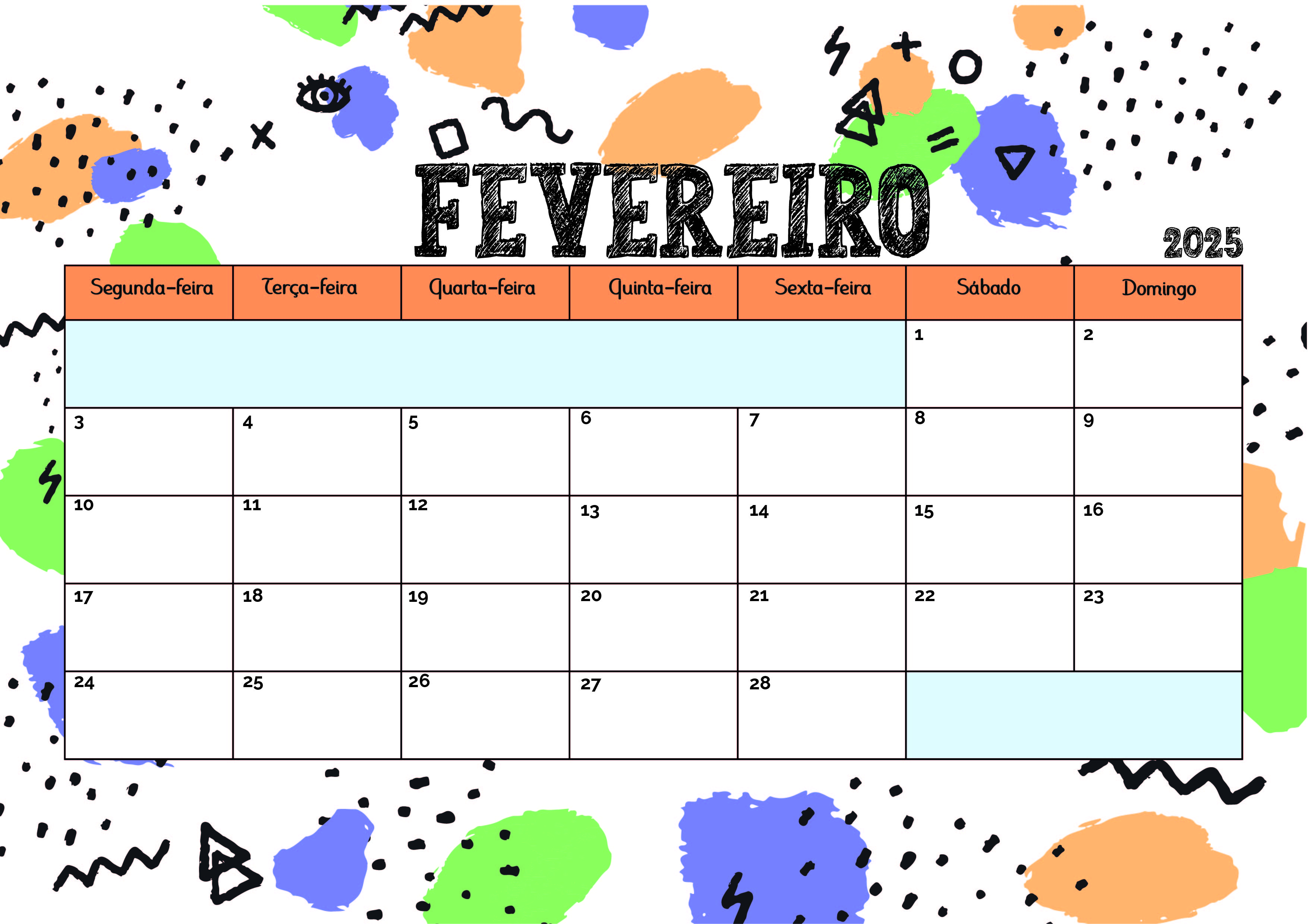 Calendário de Fevereiro de 2025 para imprimir em PDF