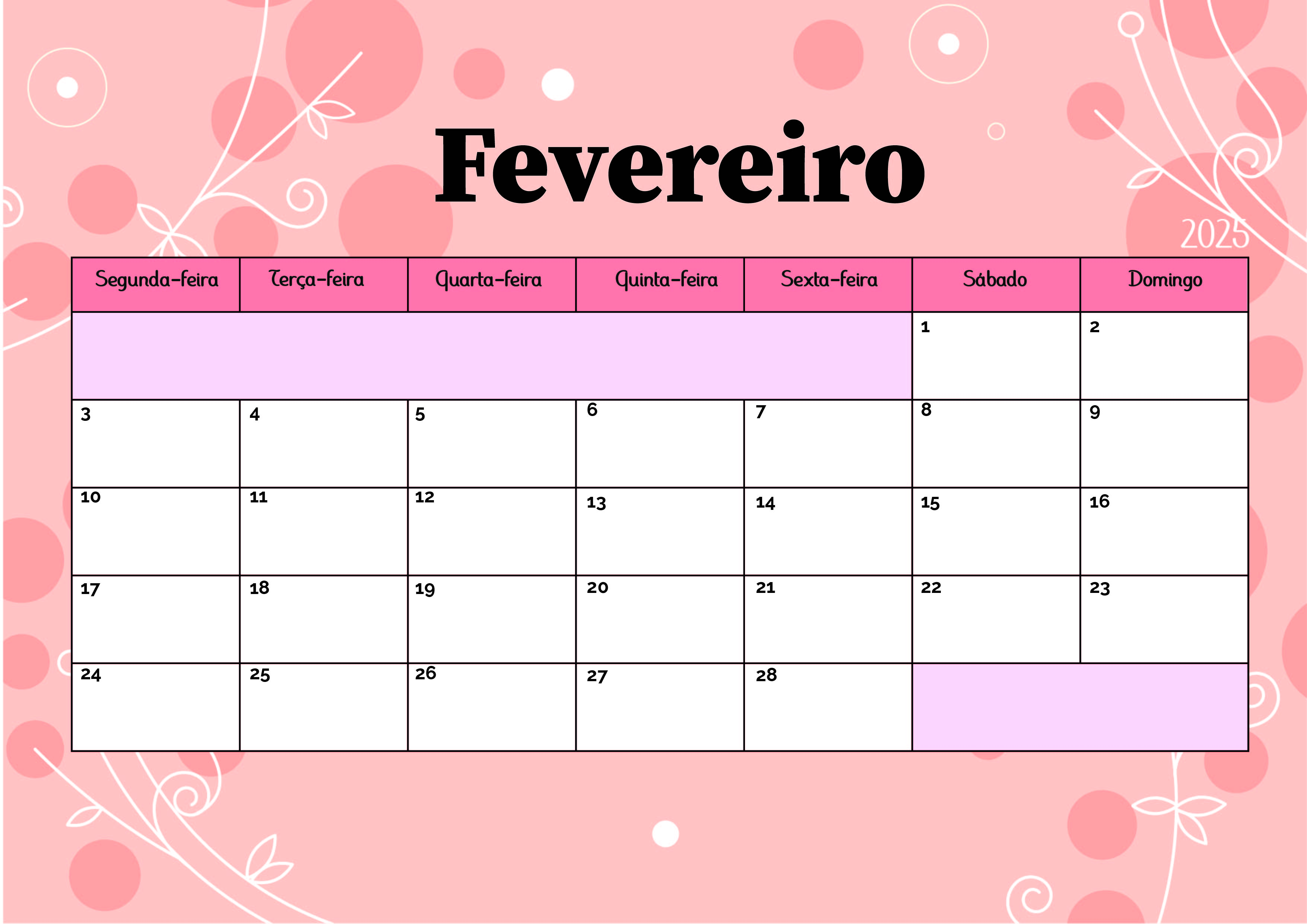 Calendário de Fevereiro de 2025 para imprimir em PDF