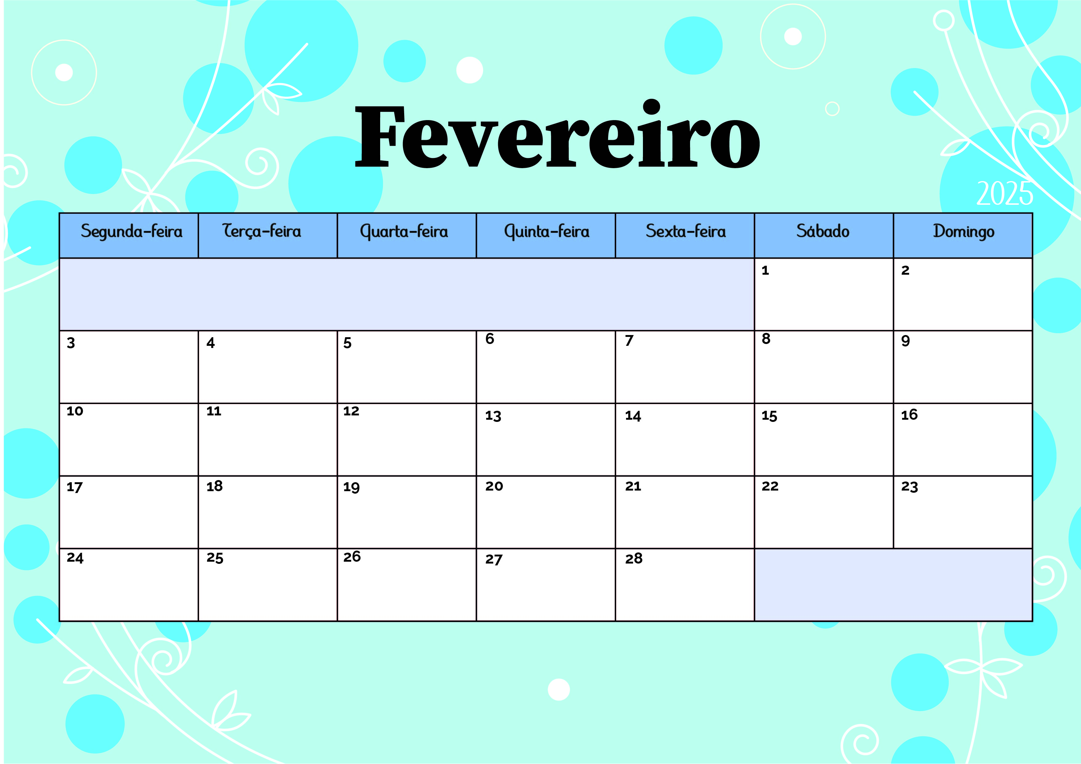 Calendário de Fevereiro de 2025 para imprimir em PDF