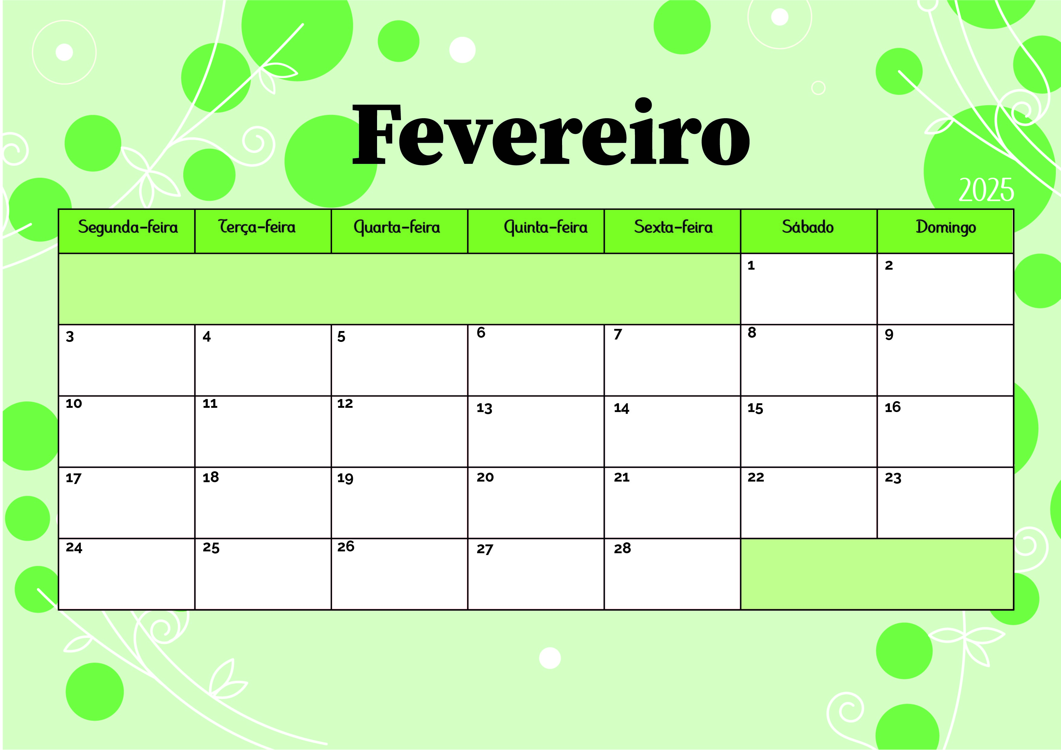 Calendário de Fevereiro de 2025 para imprimir em PDF