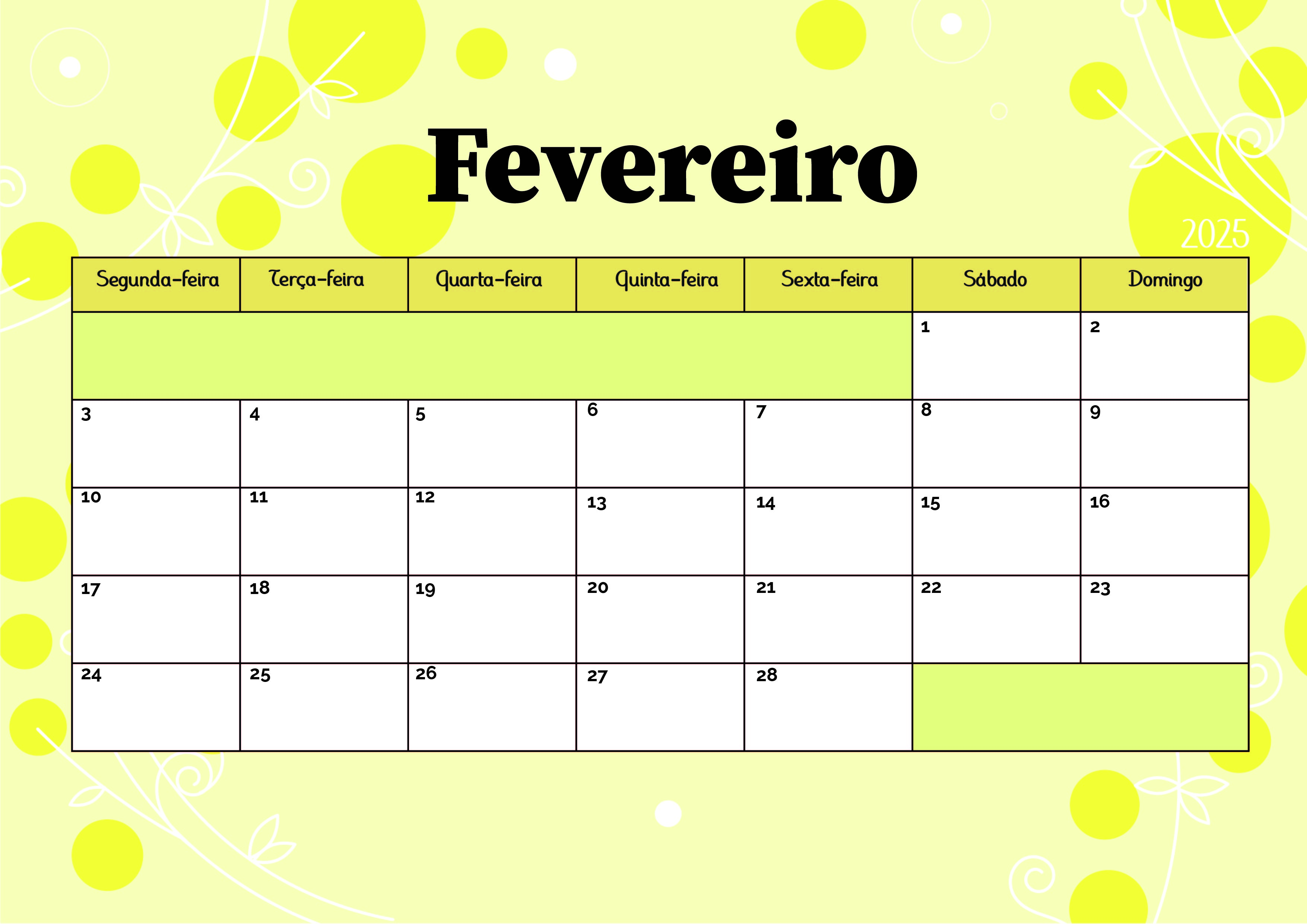 Calendário de Fevereiro de 2025 para imprimir em PDF