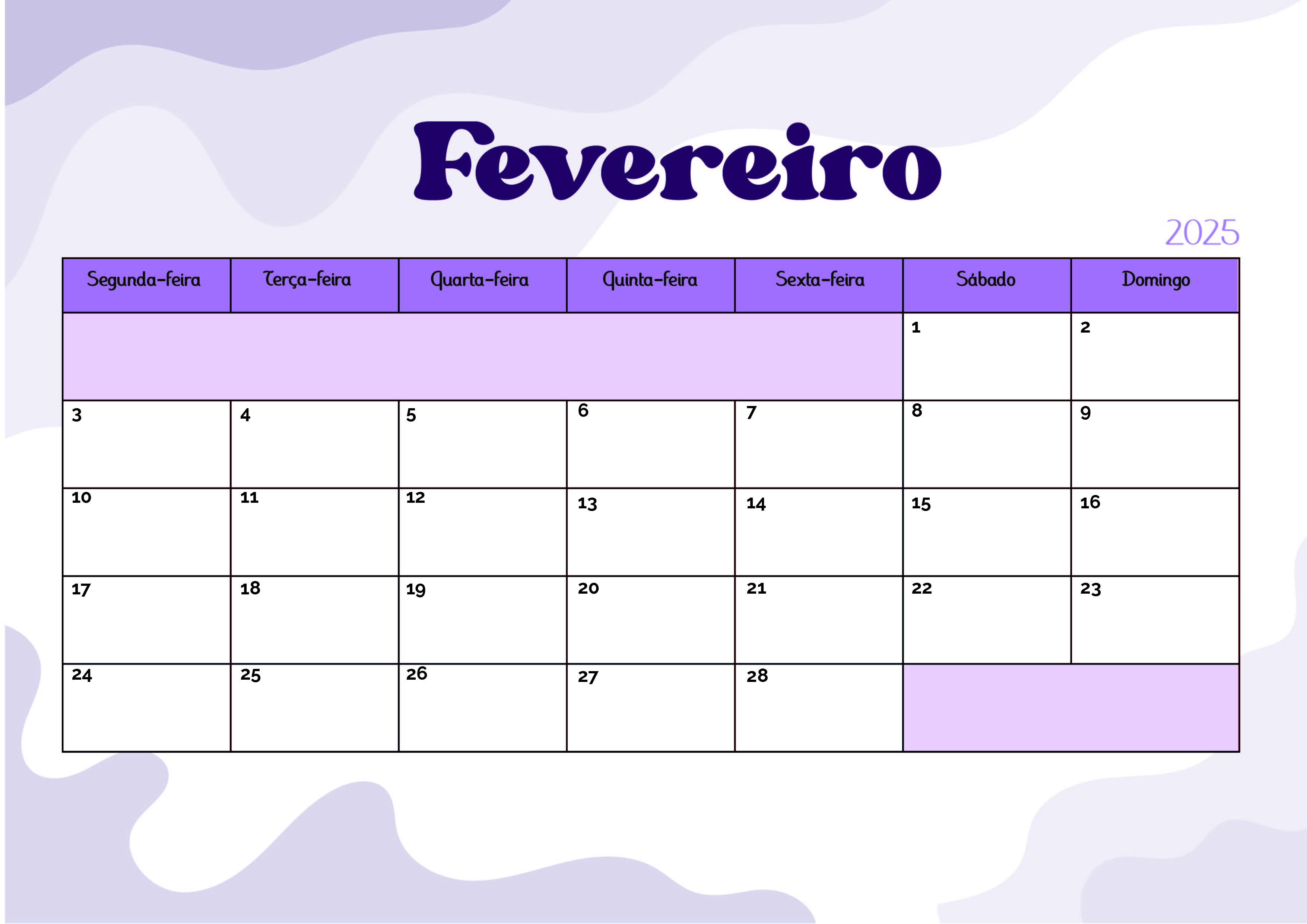 Calendário de Fevereiro de 2025 para imprimir em PDF