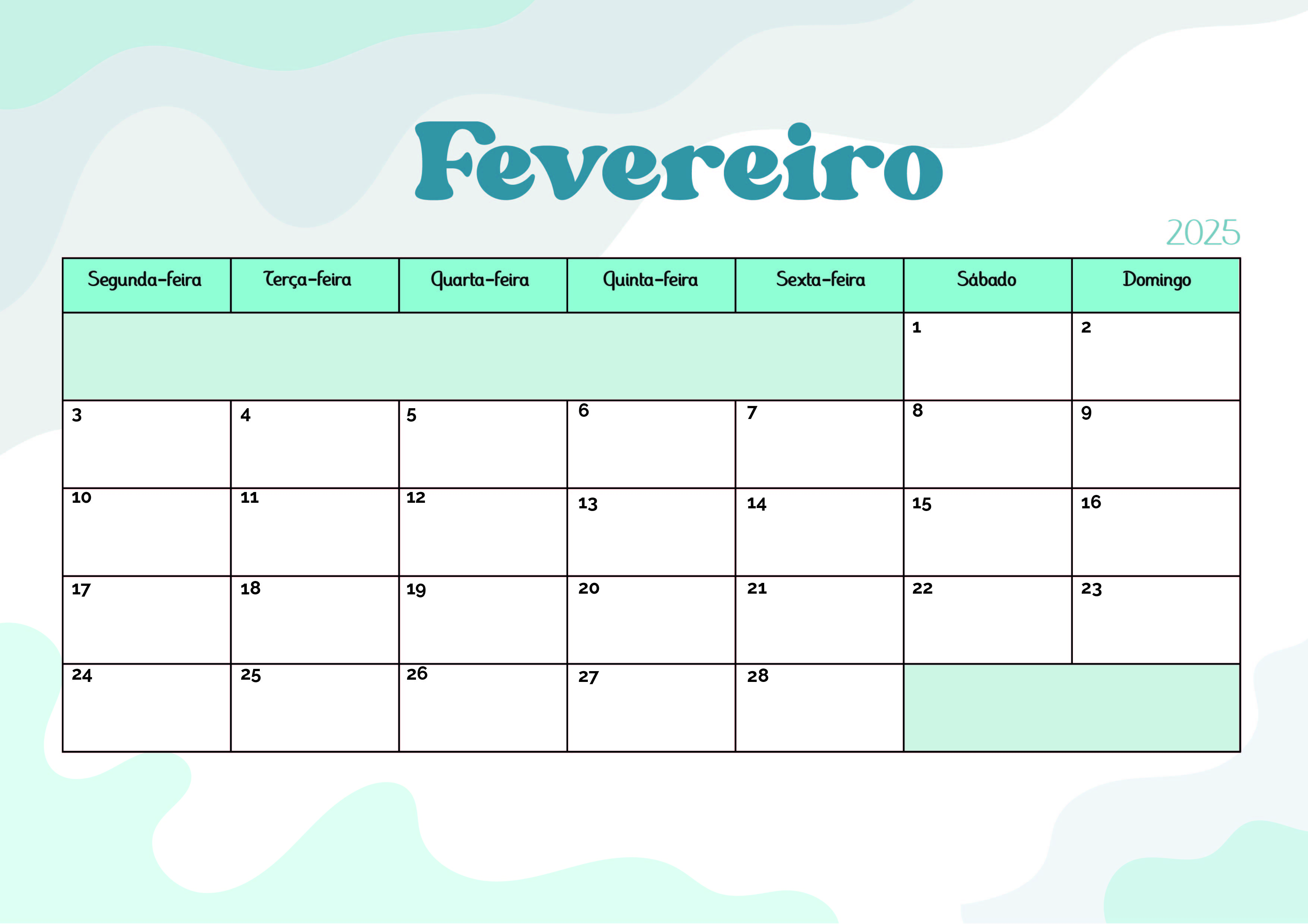 Calendário de Fevereiro de 2025 para imprimir em PDF