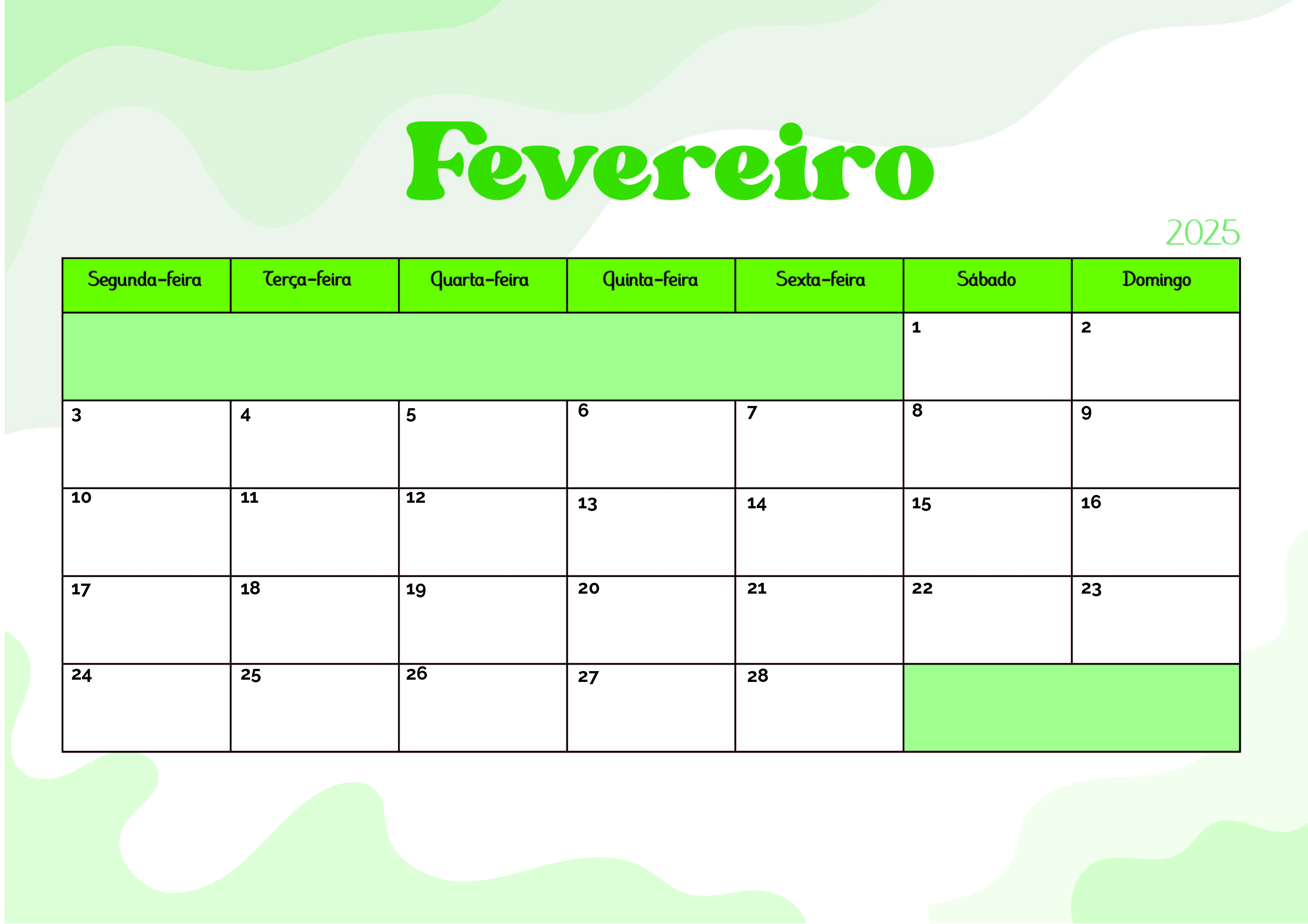 Calendário de Fevereiro de 2025 para imprimir em PDF