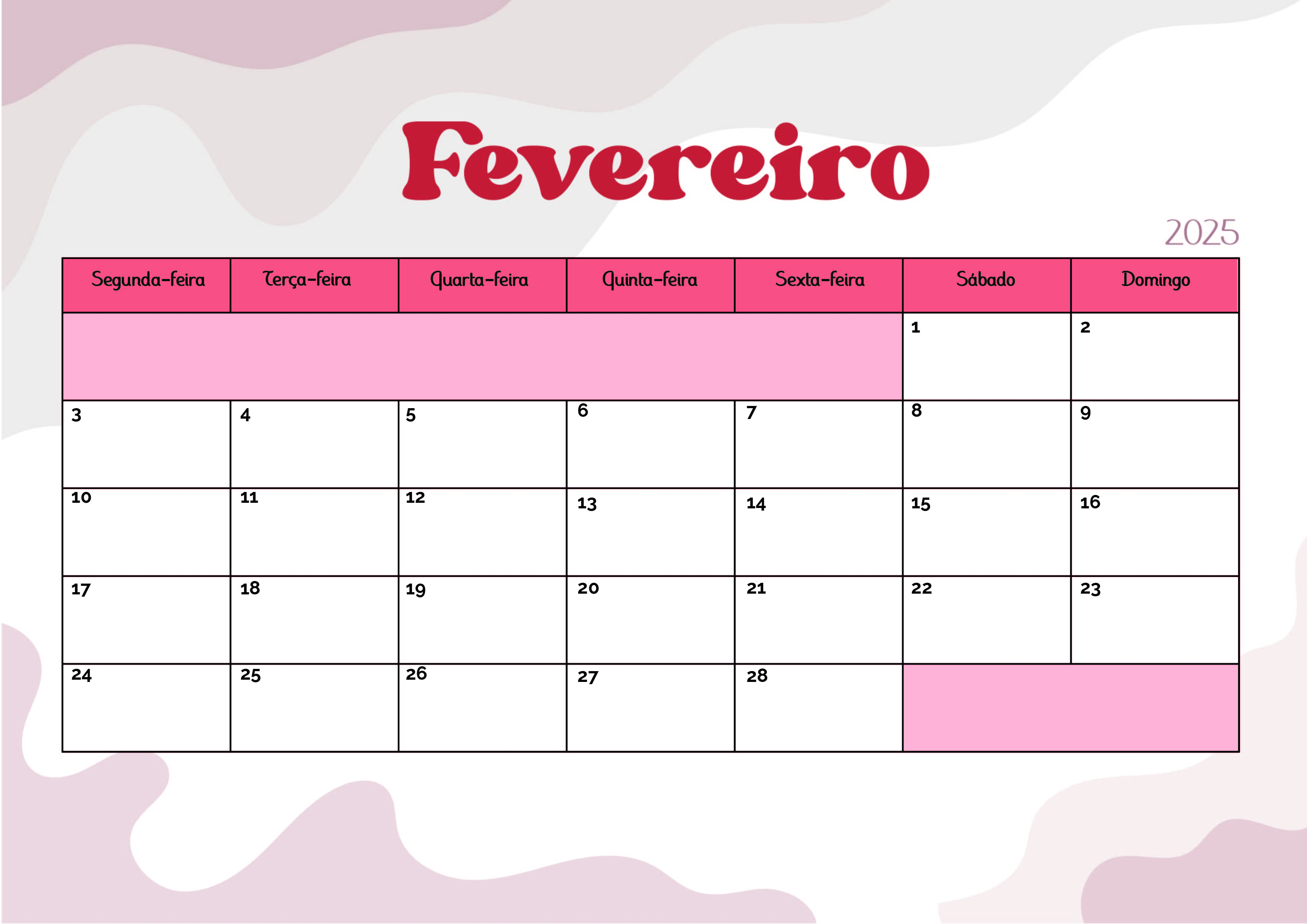 Calendário de Fevereiro de 2025 para imprimir em PDF