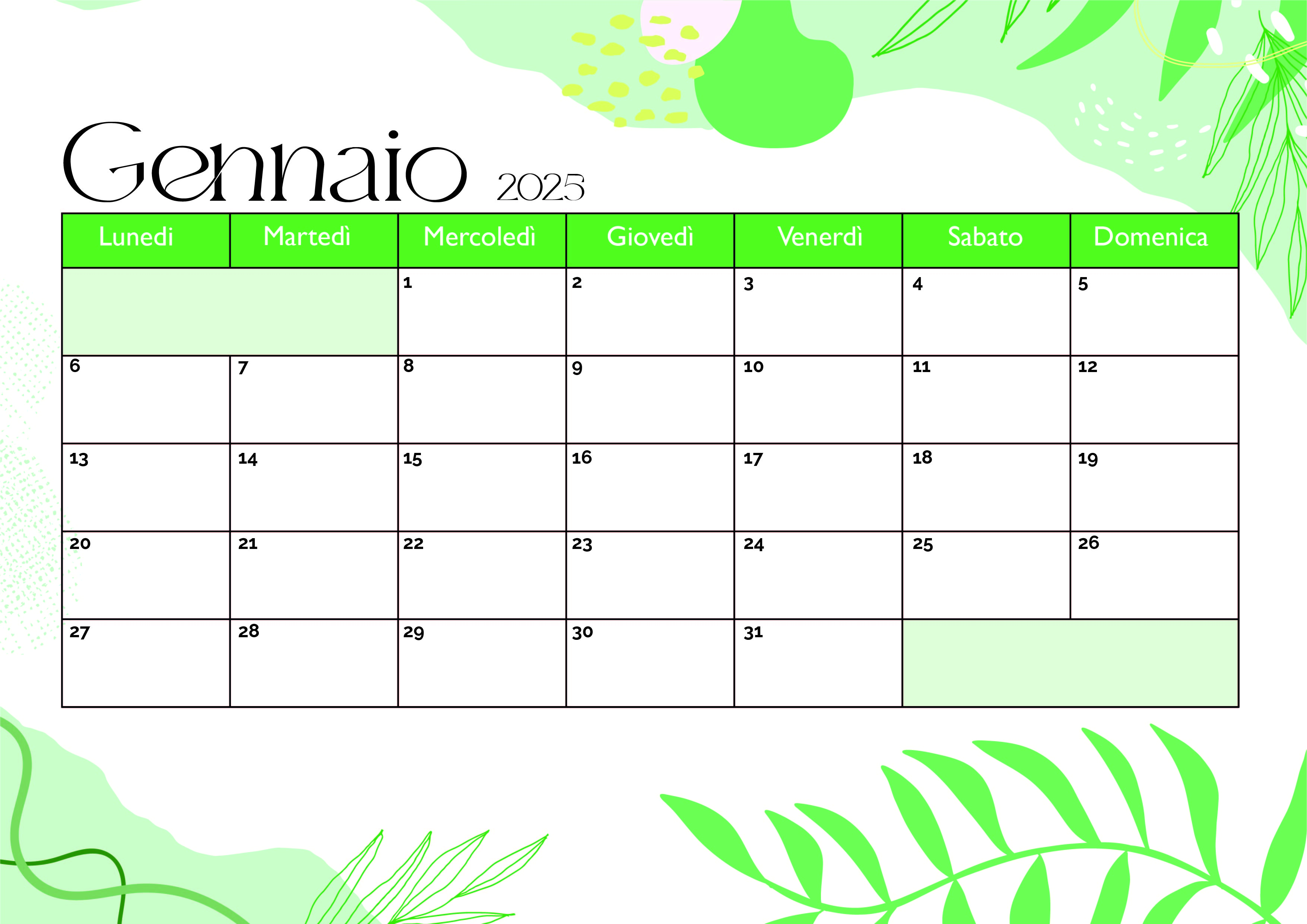 Calendario di Gennaio 2025 da stampare in PDF