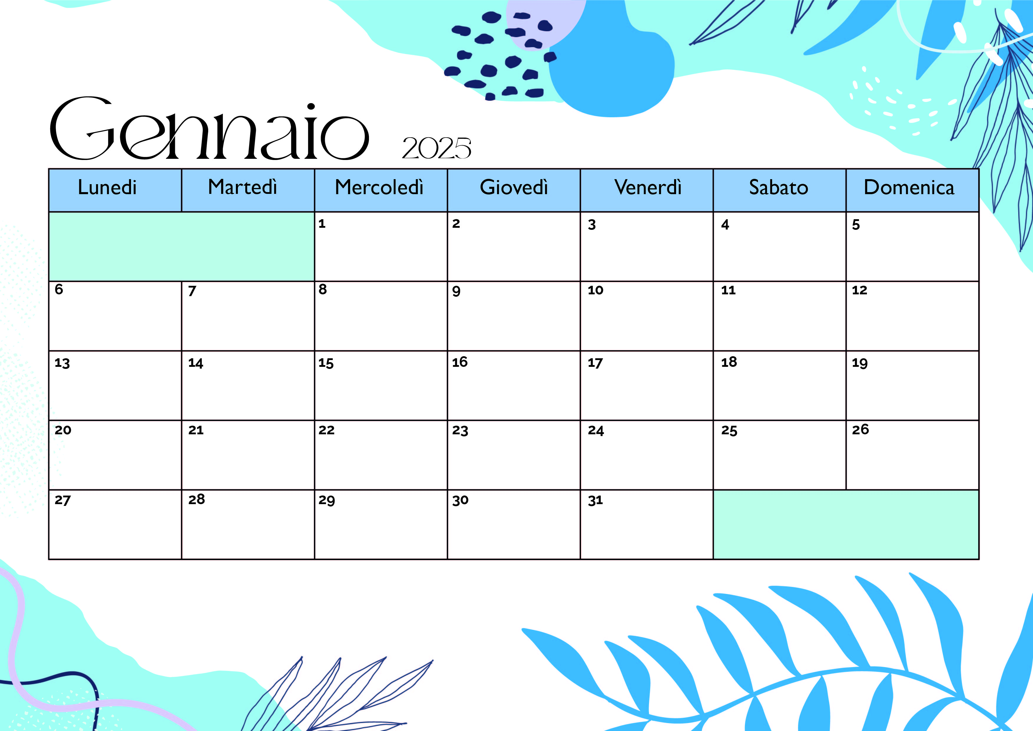 Calendario di Gennaio 2025 da stampare in PDF