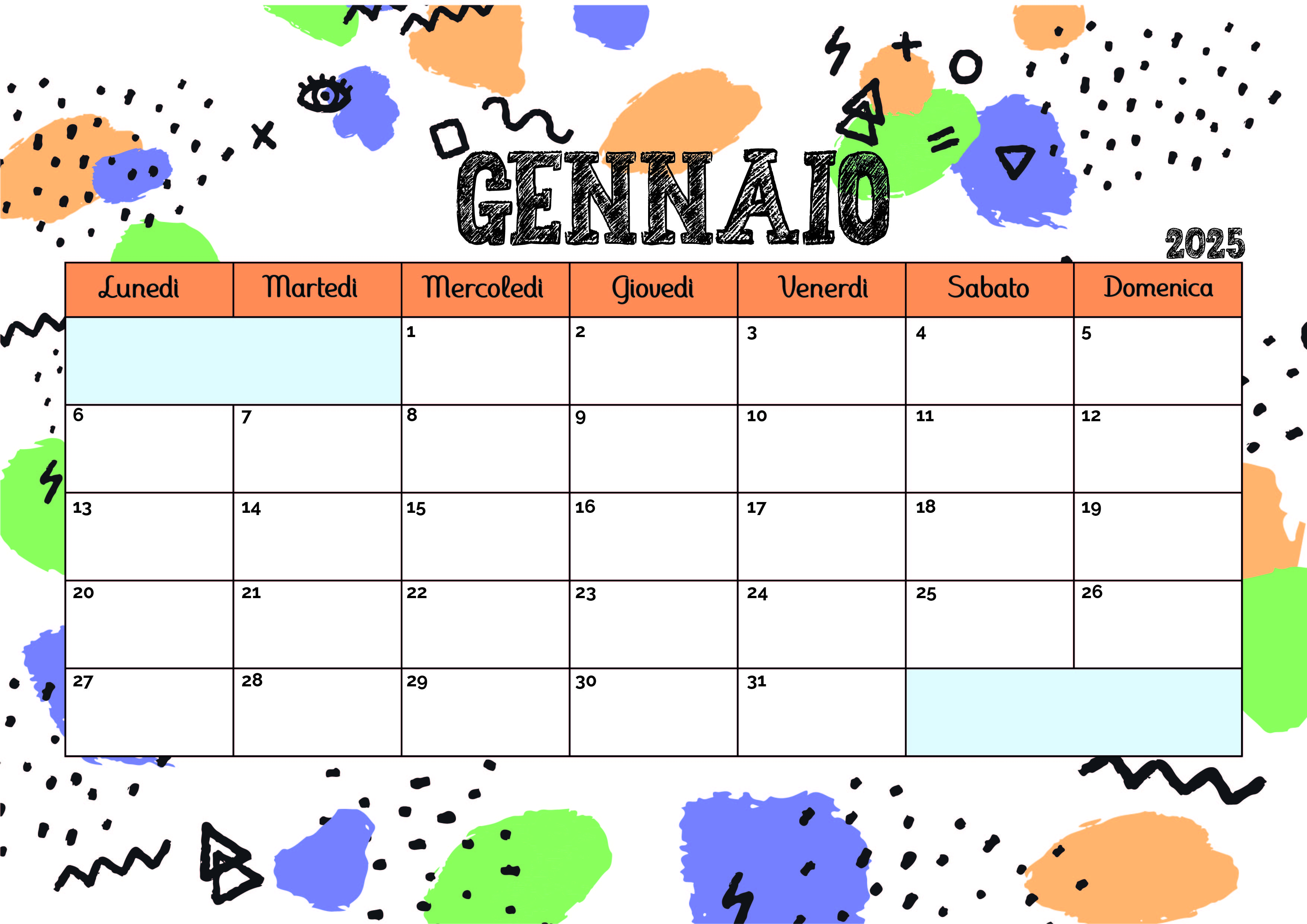 Calendario di Gennaio 2025 da stampare in PDF