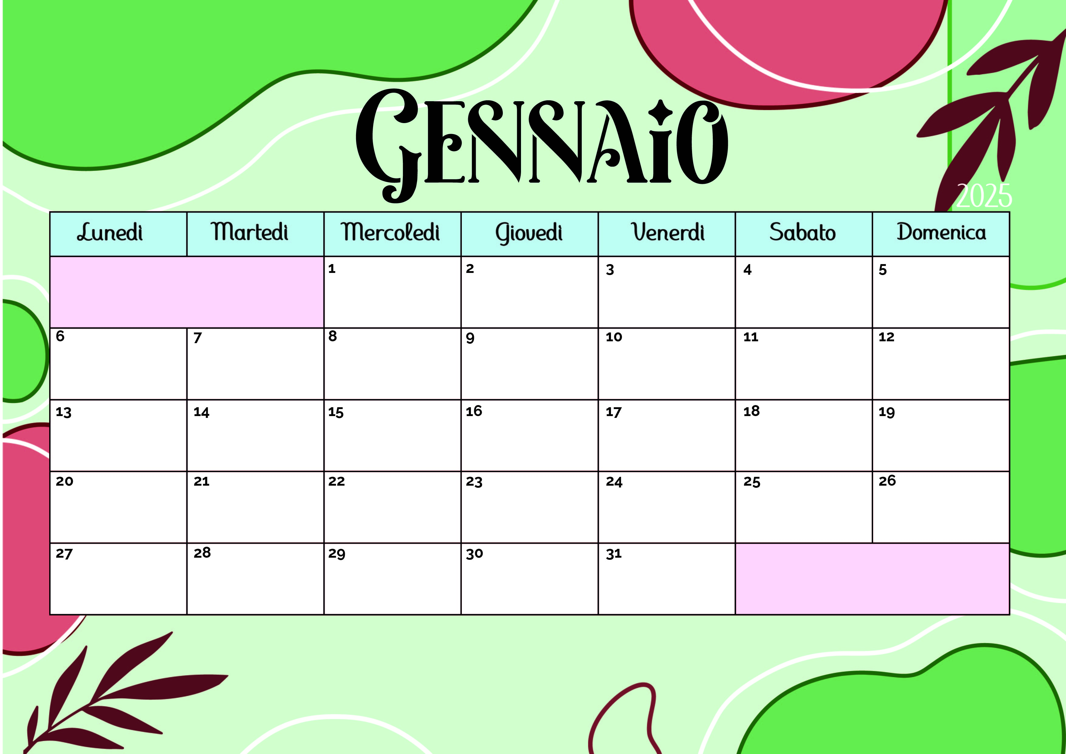 Calendario di Gennaio 2025 da stampare in PDF