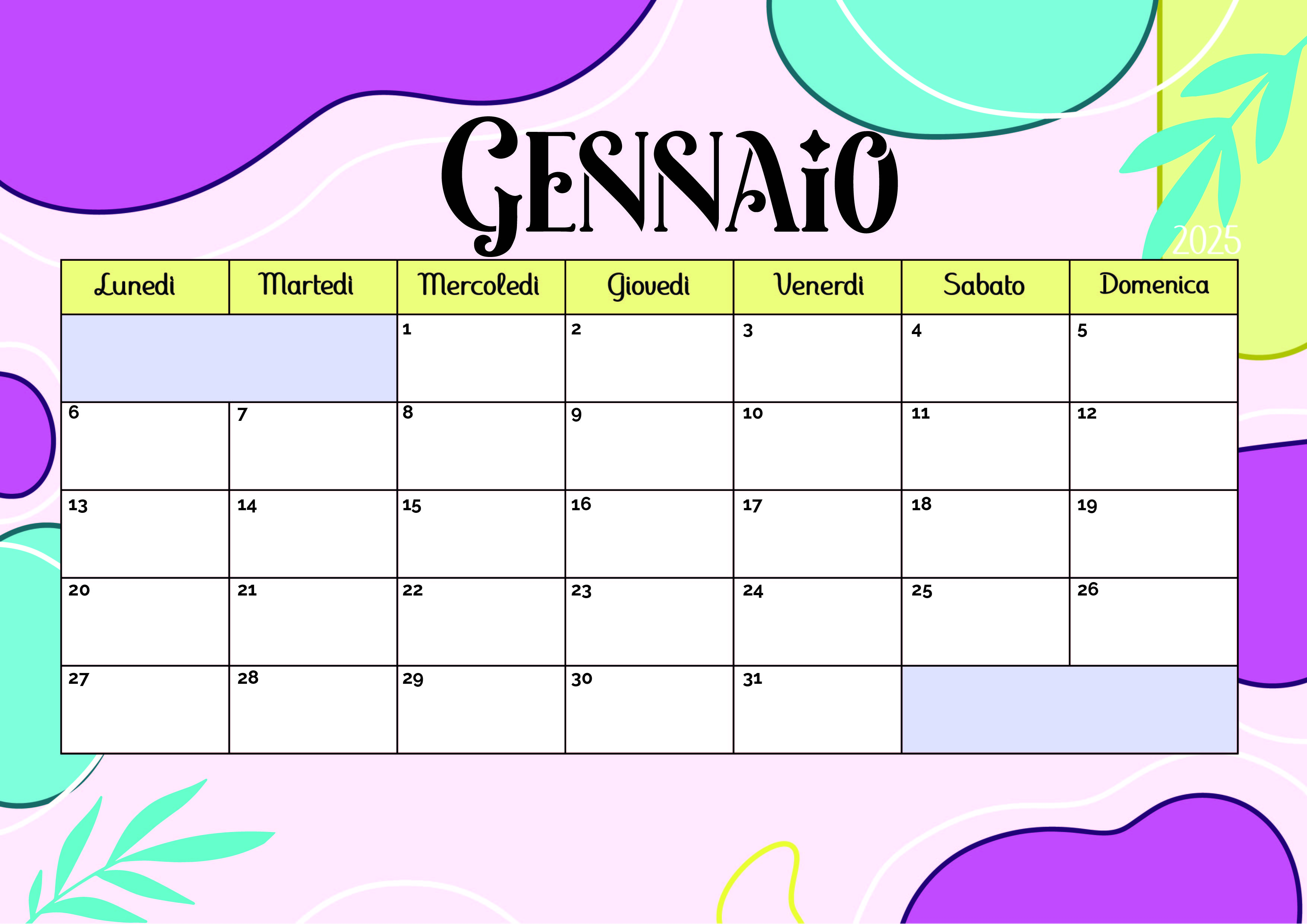 Calendario di Gennaio 2025 da stampare in PDF