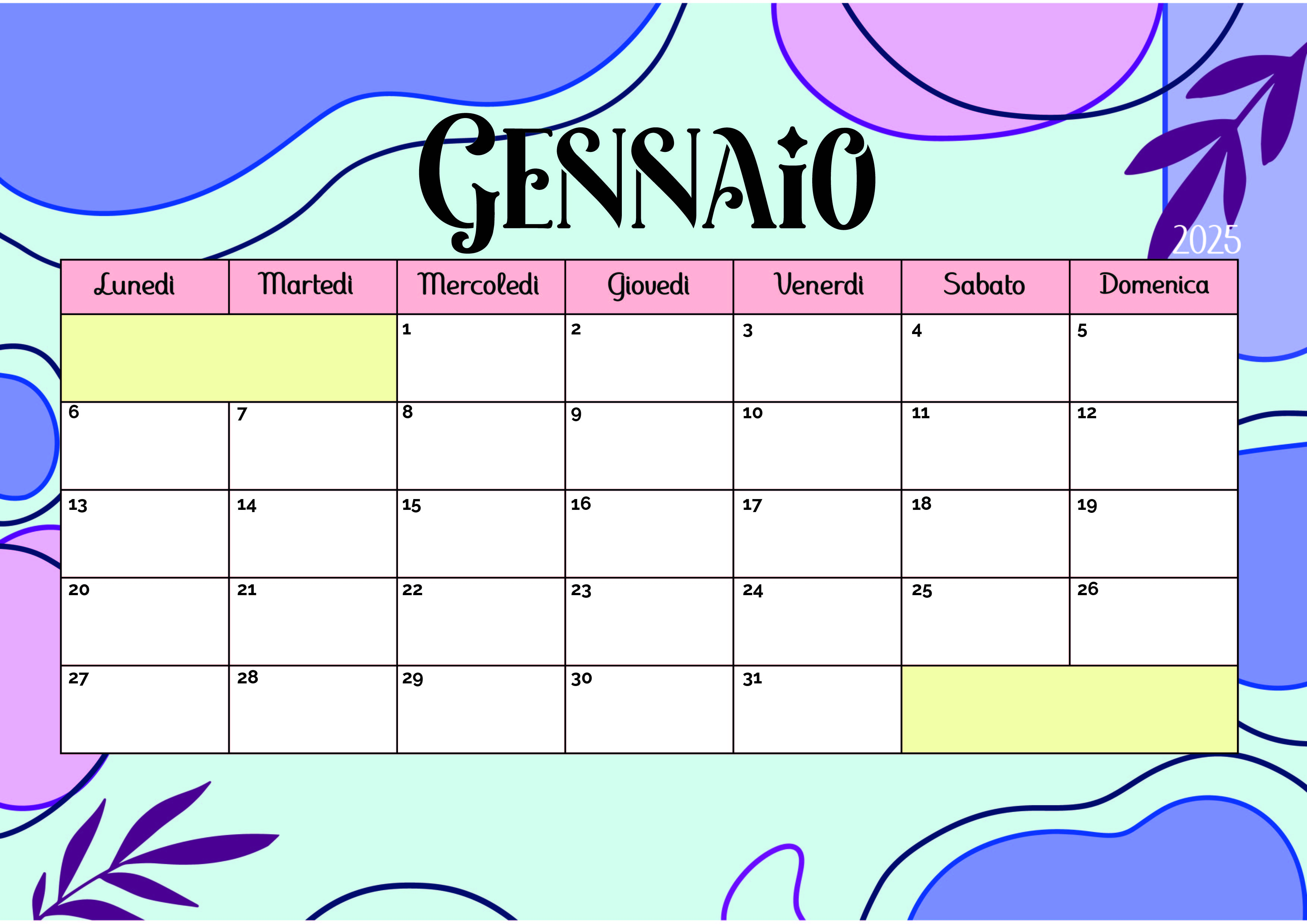 Calendario di Gennaio 2025 da stampare in PDF