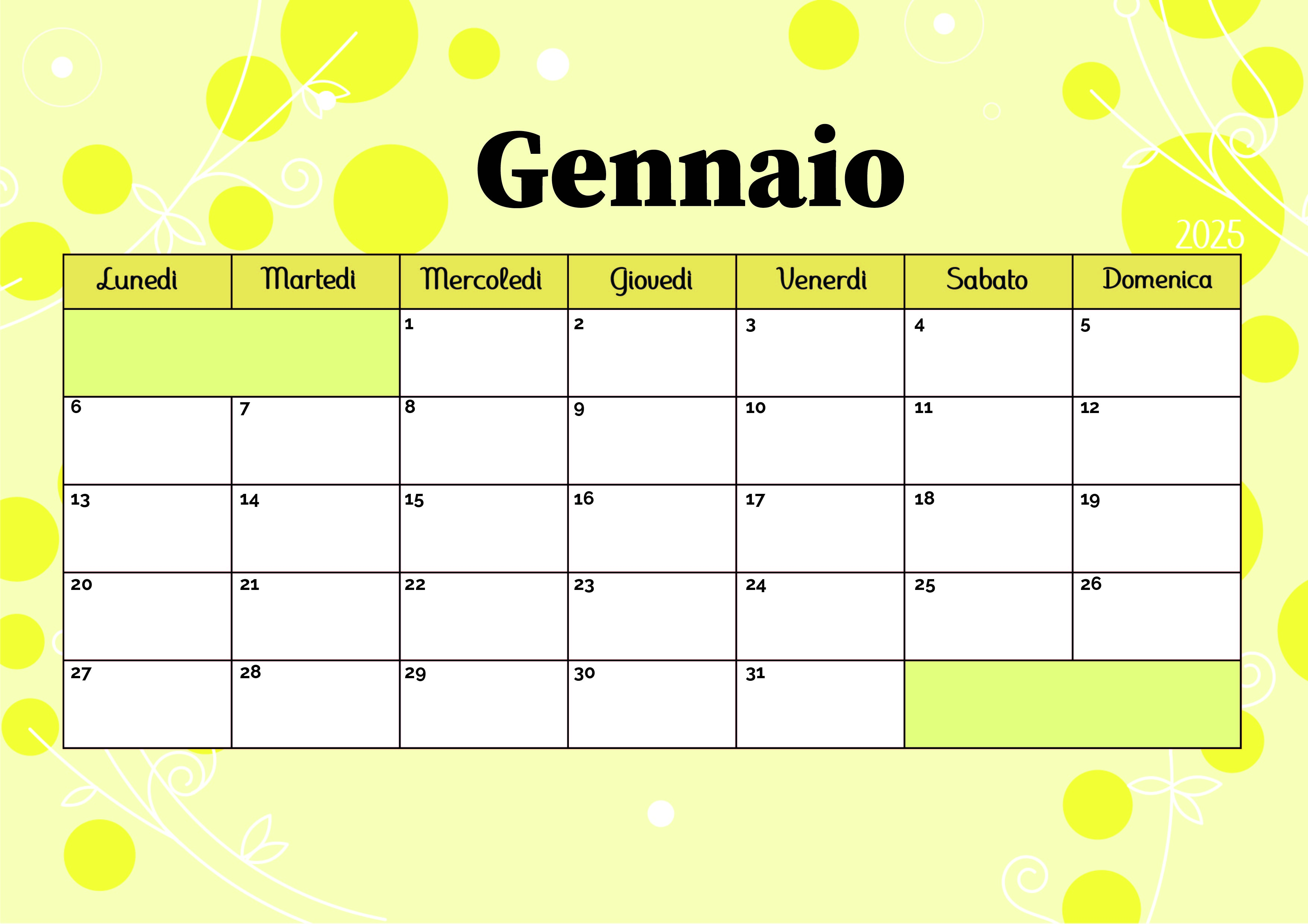 Calendario Gennaio 2025 da stampare