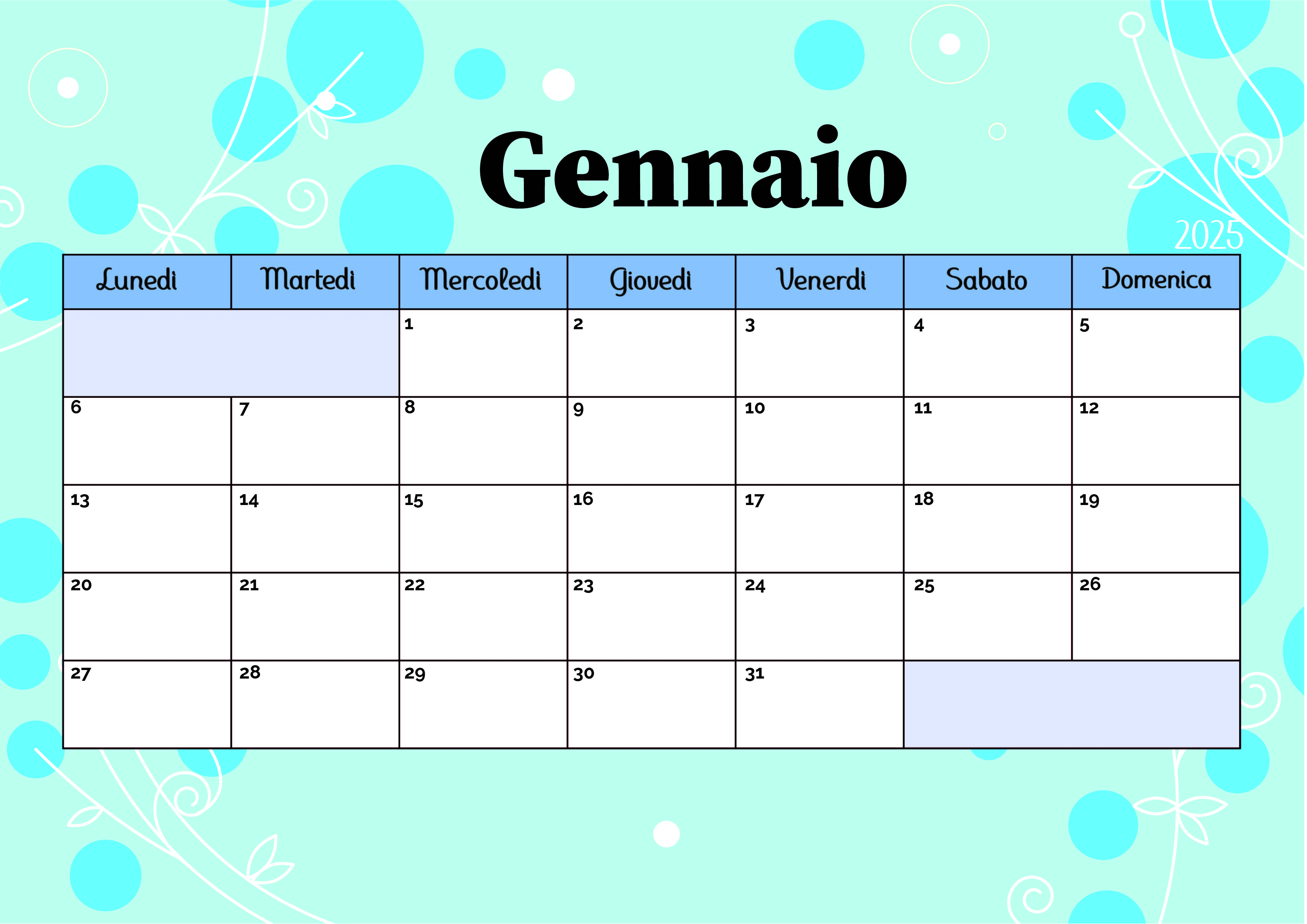 Calendario di Gennaio 2025 da stampare in PDF