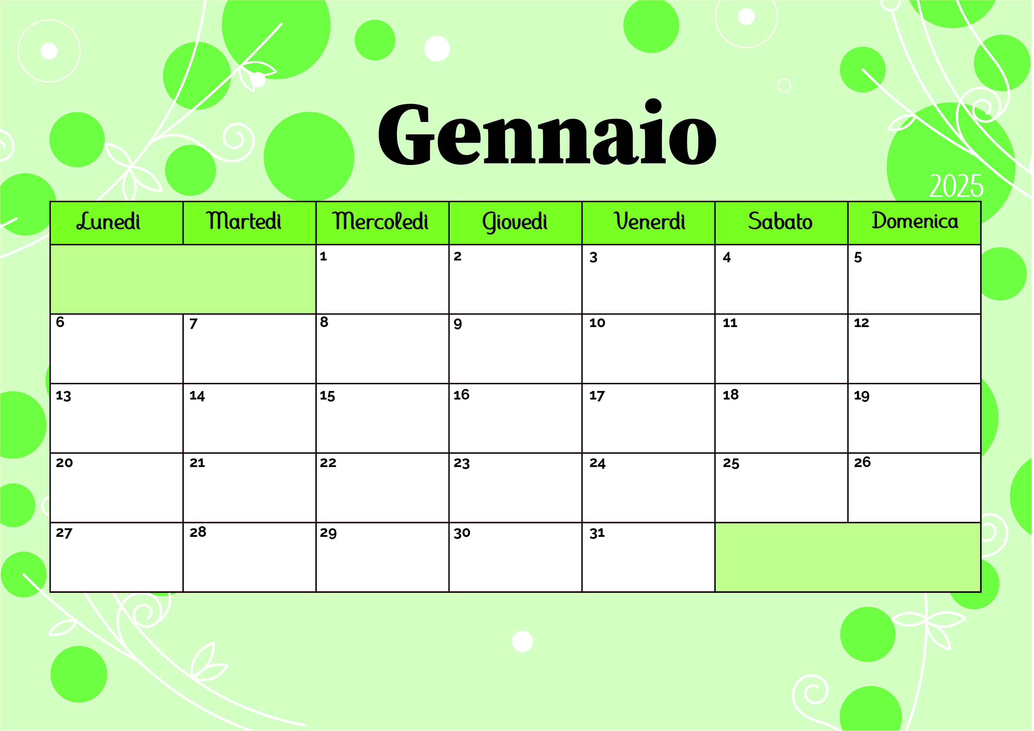 Calendario Gennaio 2025 da stampare