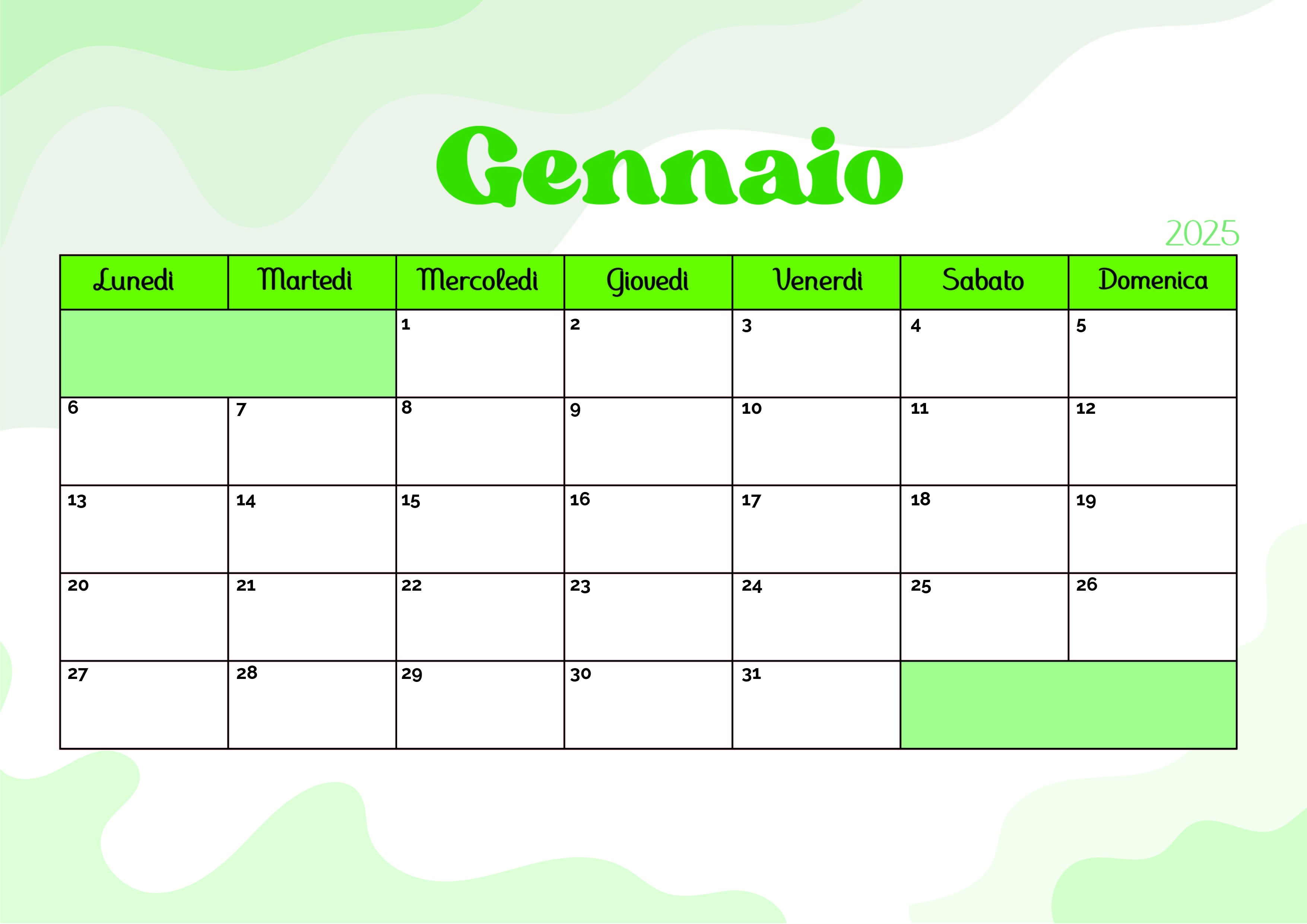 Calendario di Gennaio 2025 da stampare in PDF