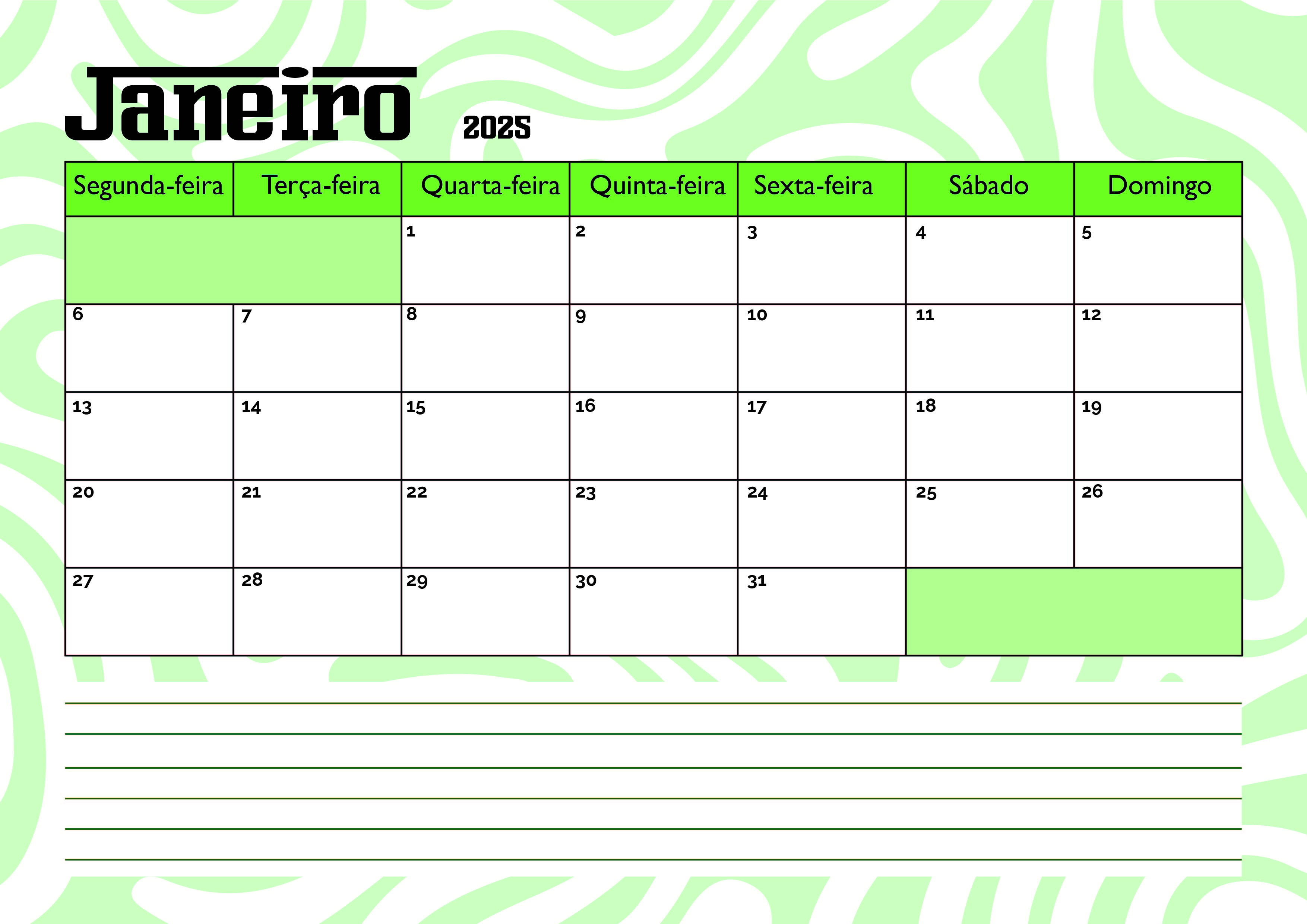 Calendário de Janeiro de 2025 para imprimir em PDF