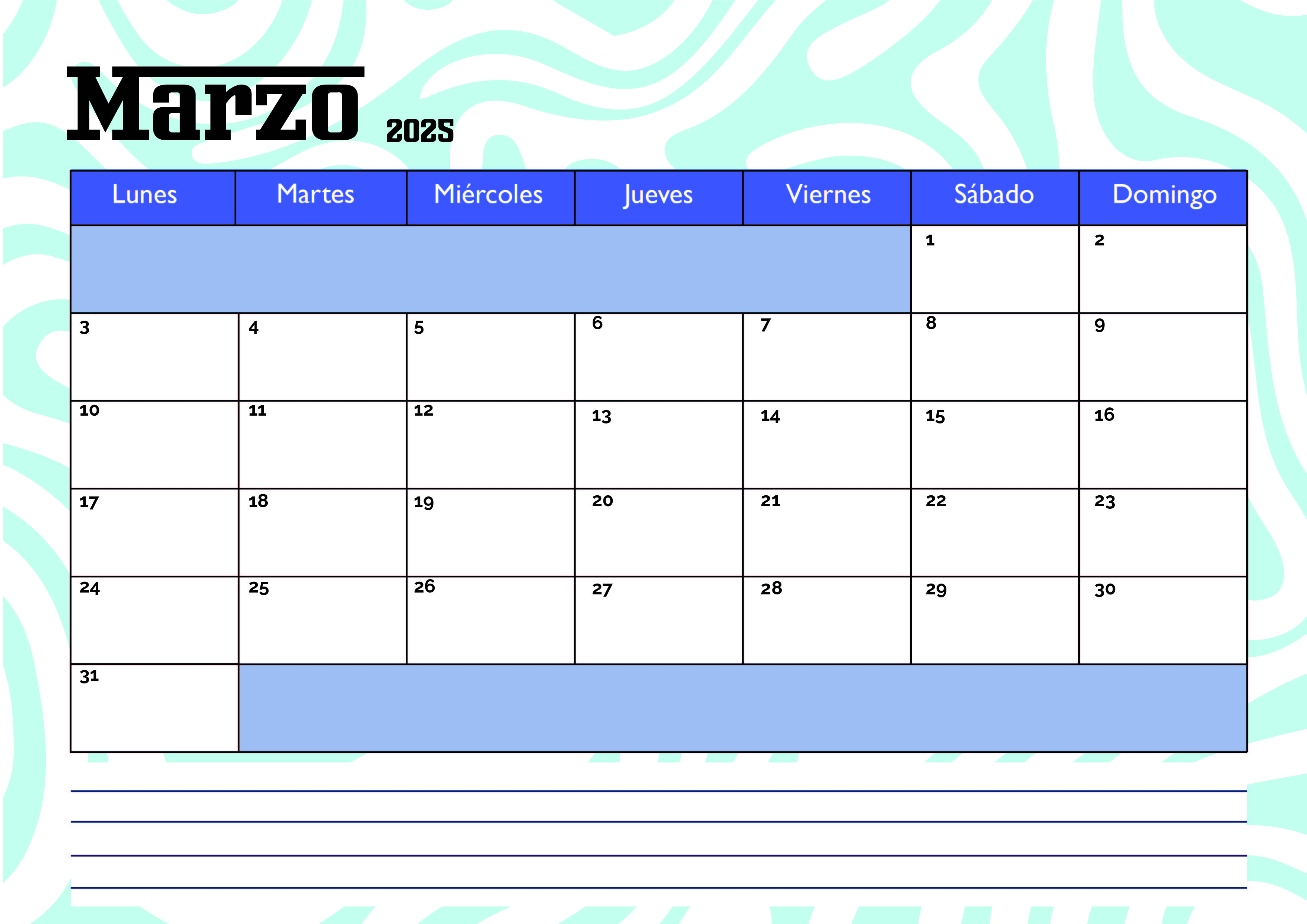 Calendario Marzo 2025 para imprimir