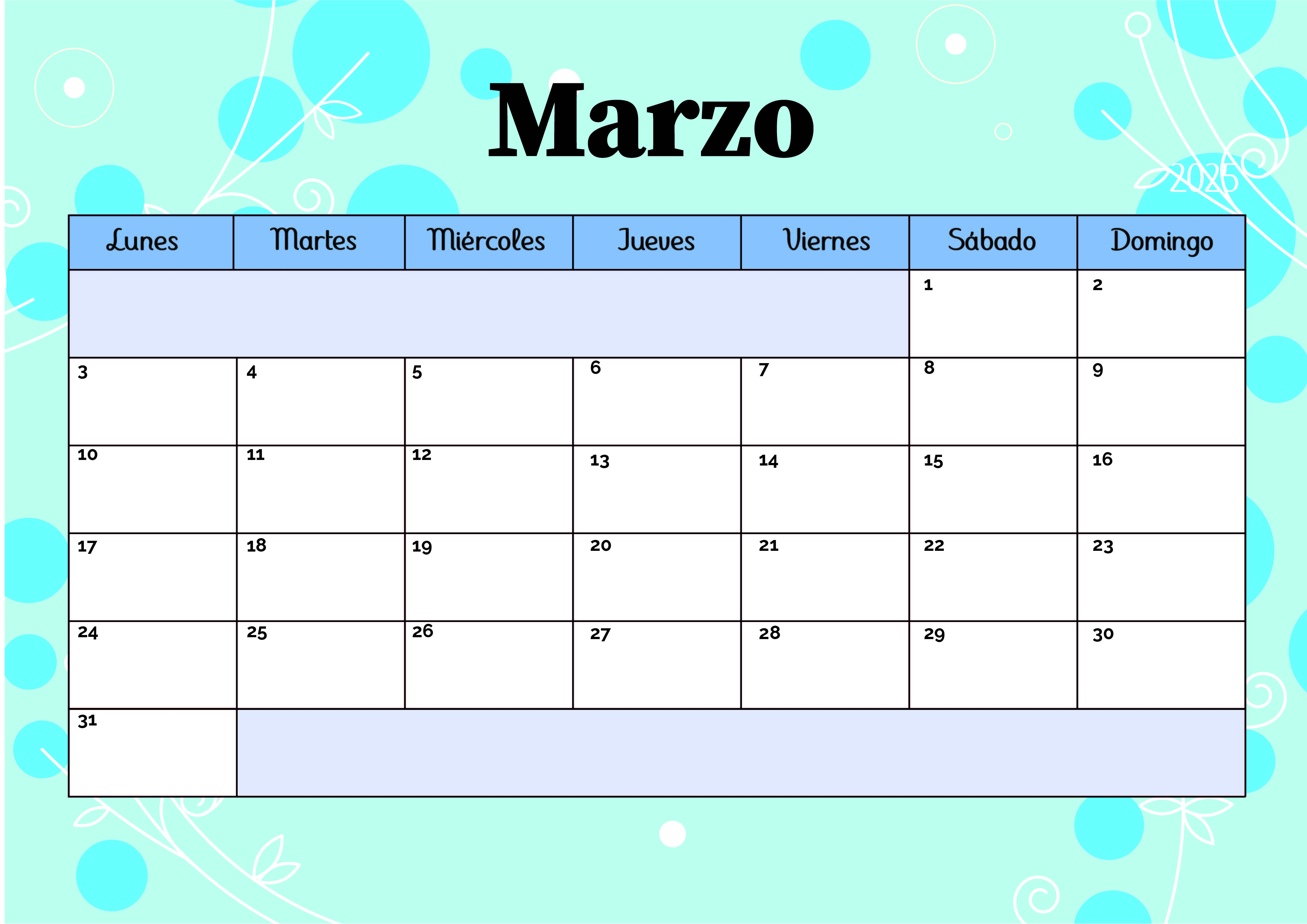 Calendario Marzo 2025 para imprimir