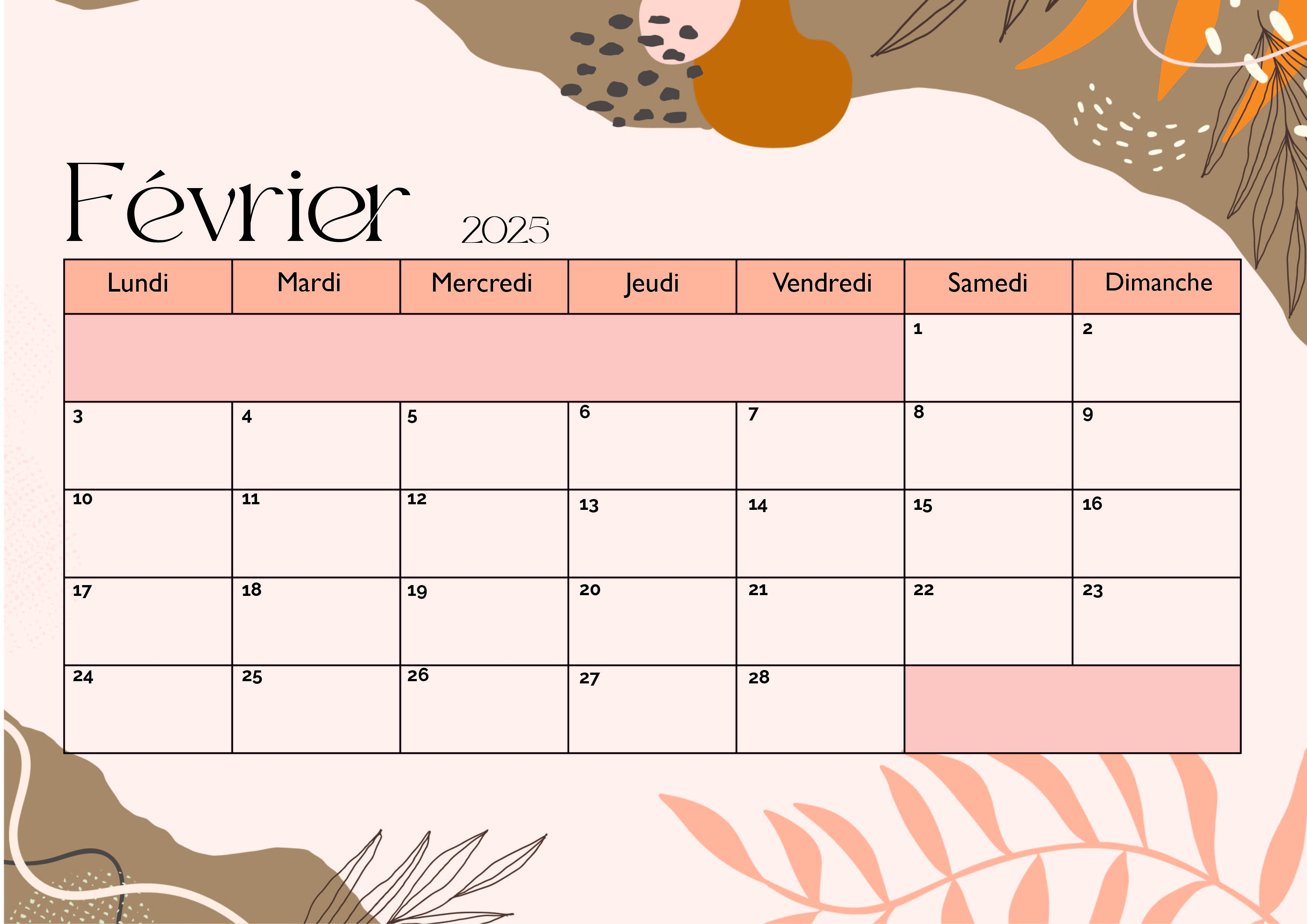 Calendrier de Février 2025 à imprimer en PDF