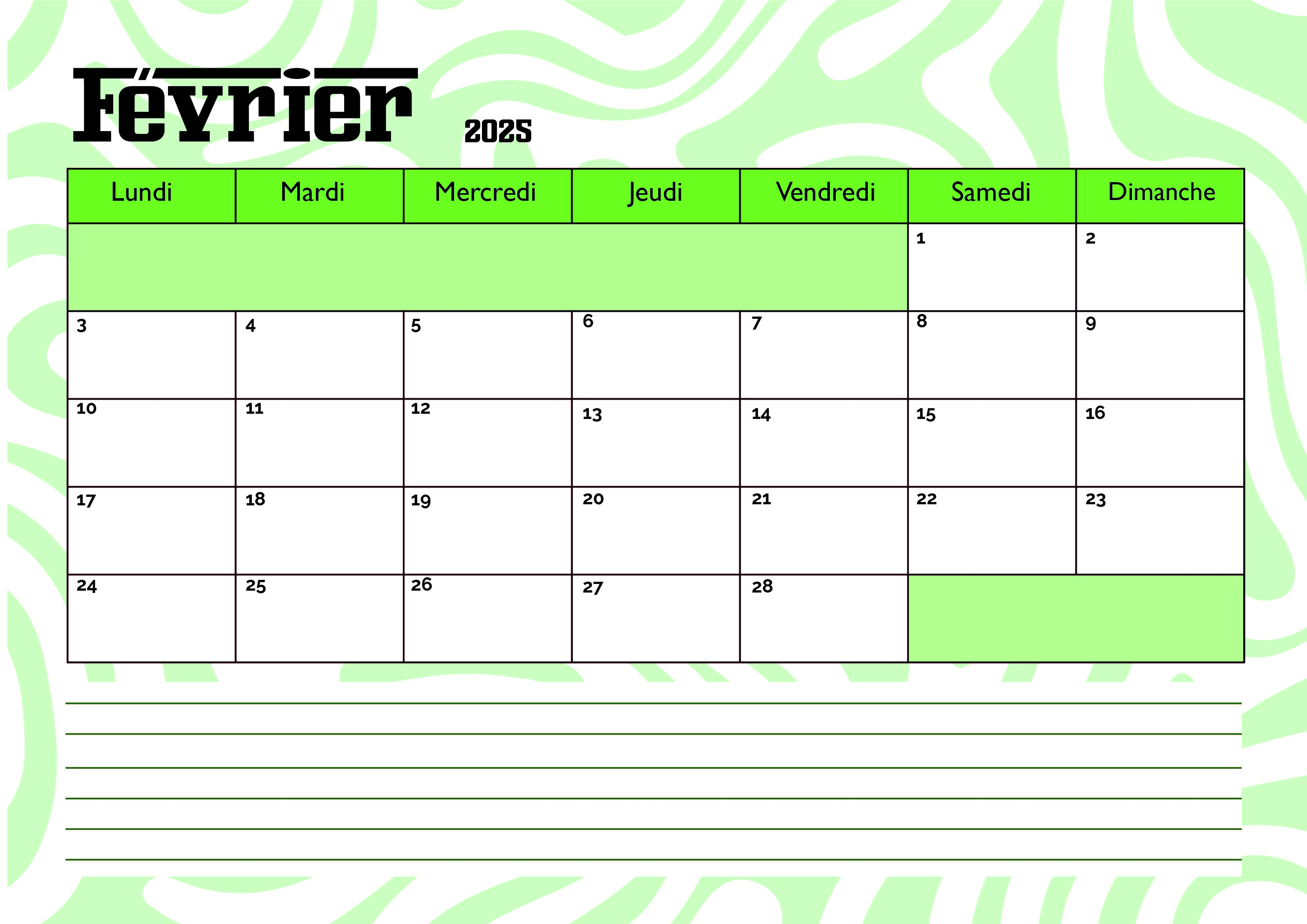 Calendrier Février 2025 à imprimer