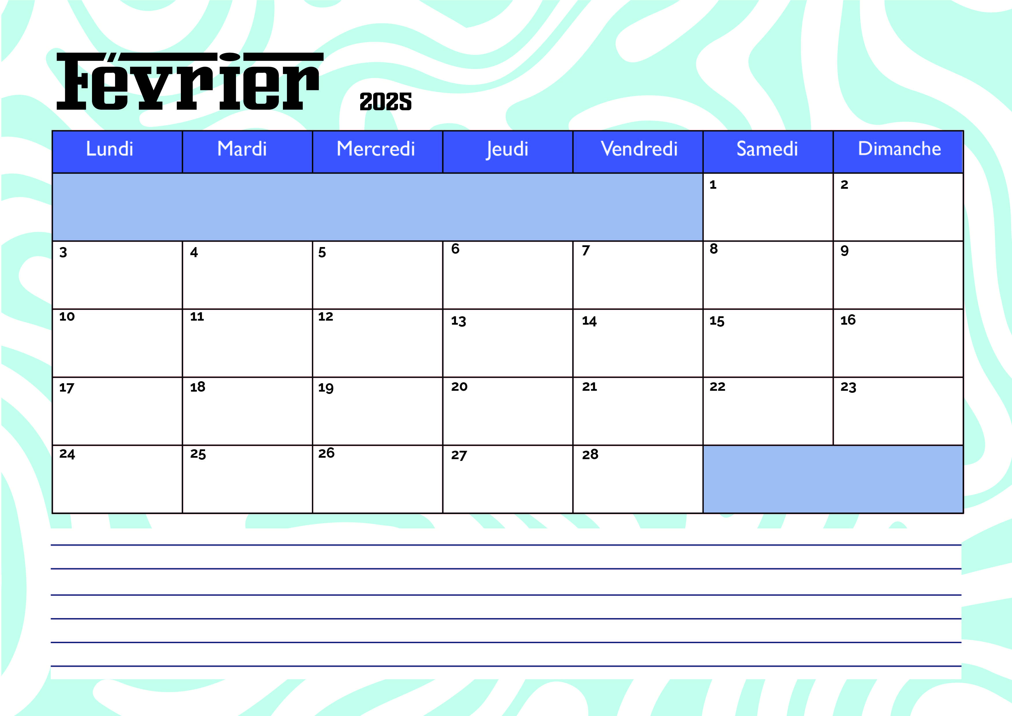 Calendrier de Février 2025 à imprimer en PDF
