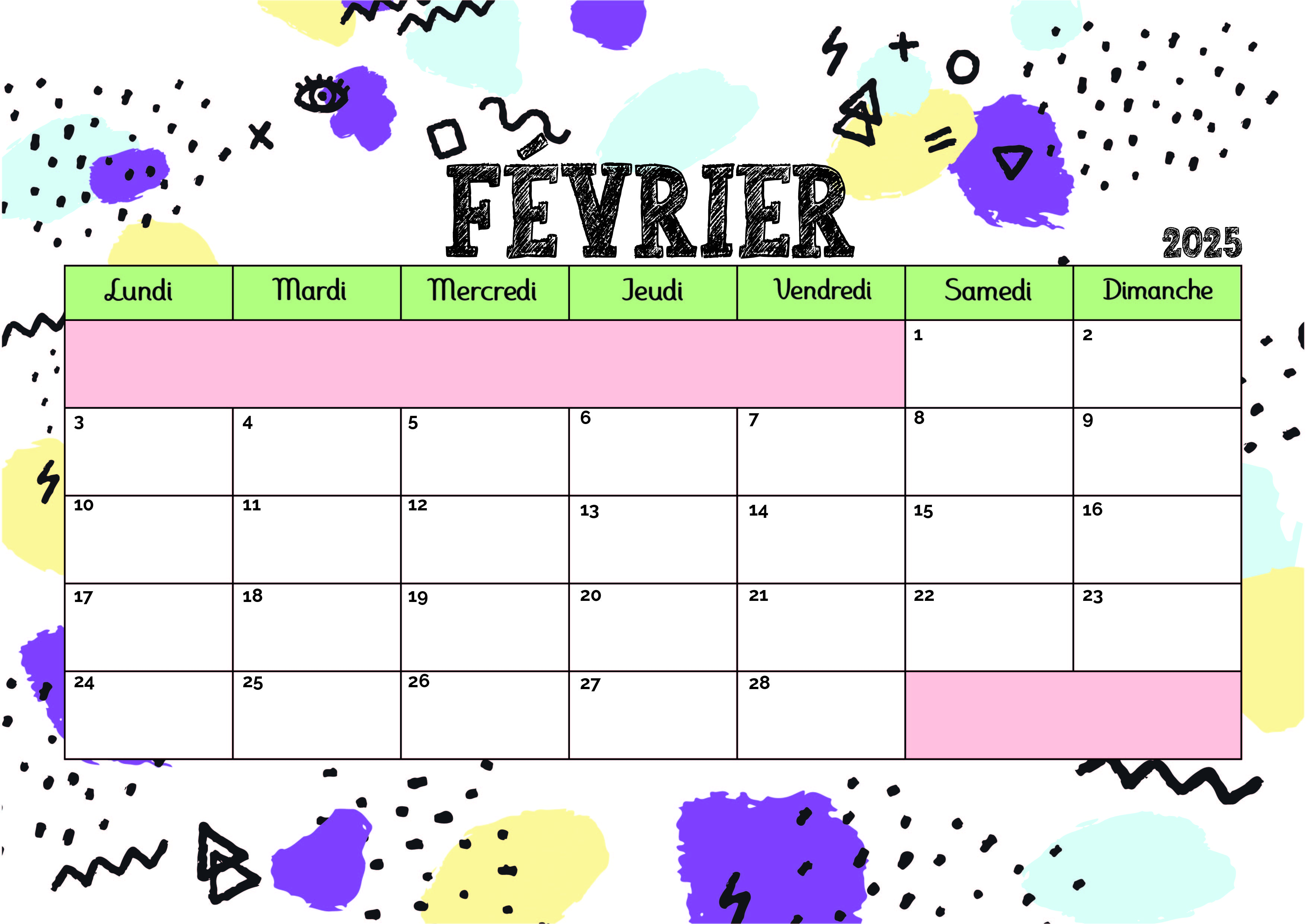 Calendrier de Février 2025 à imprimer en PDF