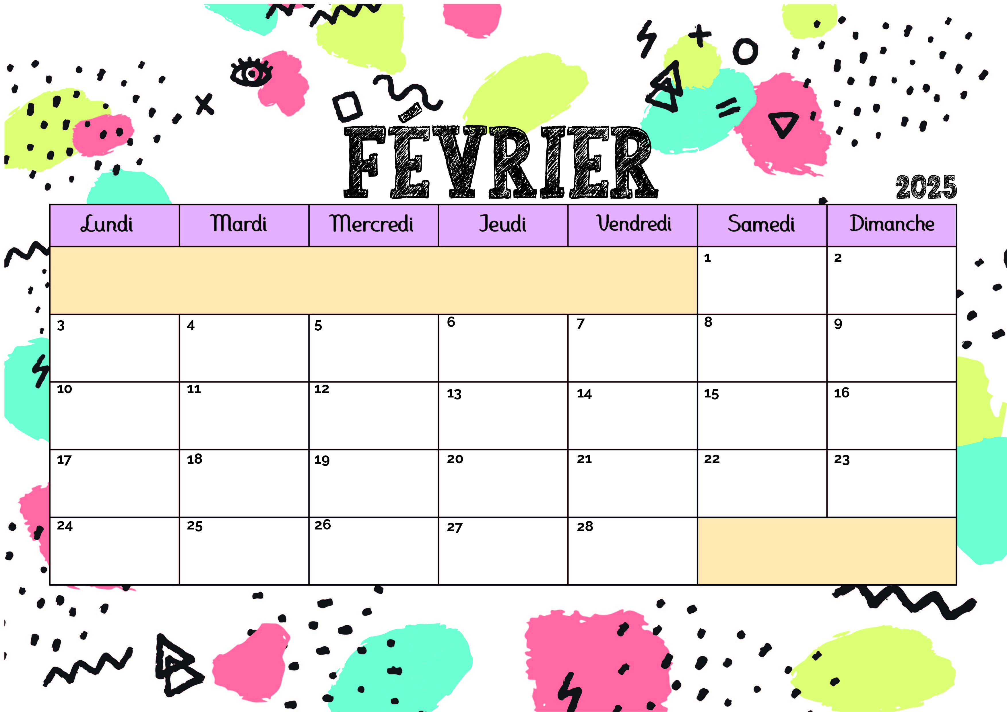 Calendrier de Février 2025 à imprimer en PDF
