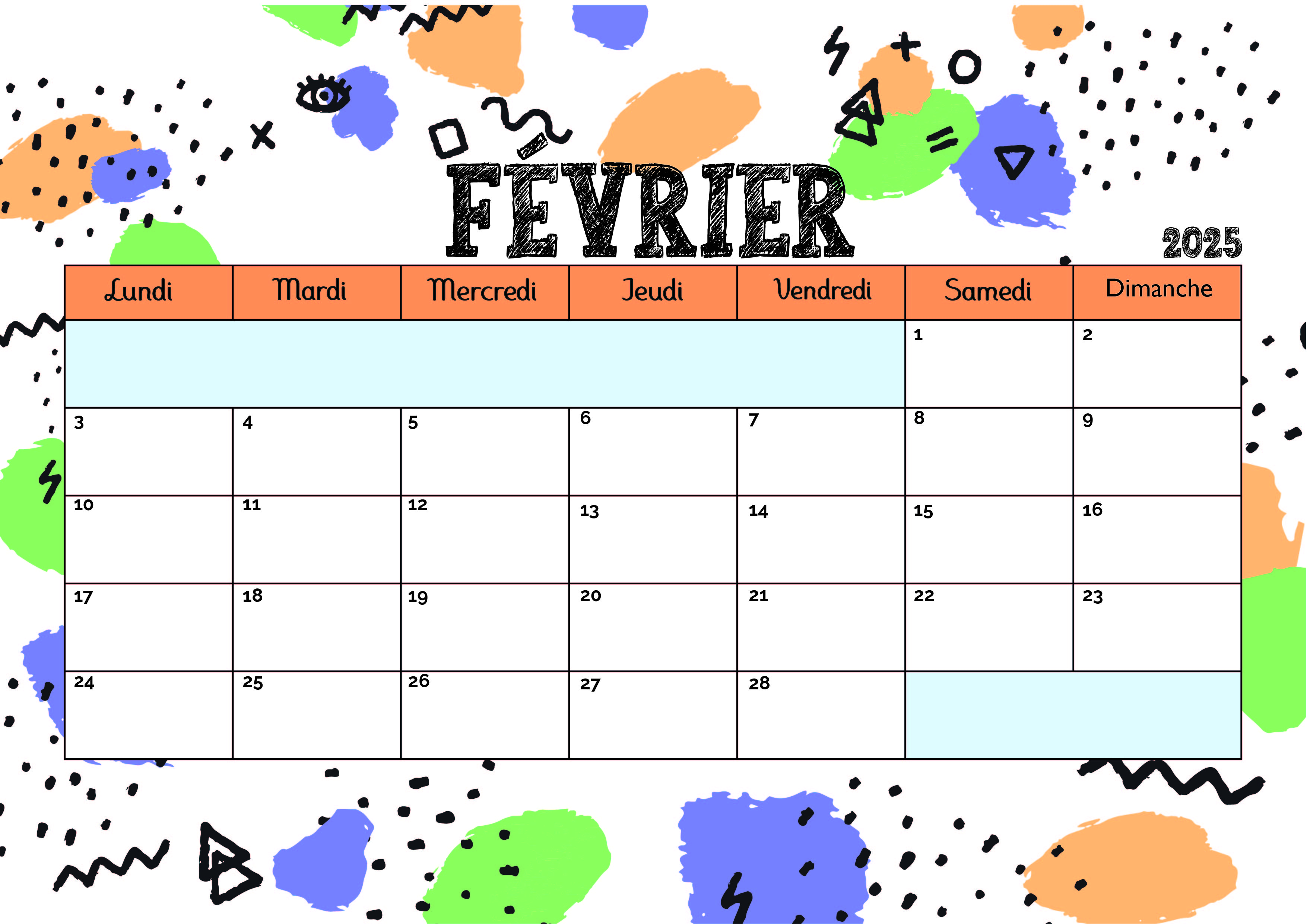 Calendrier de Février 2025 à imprimer en PDF