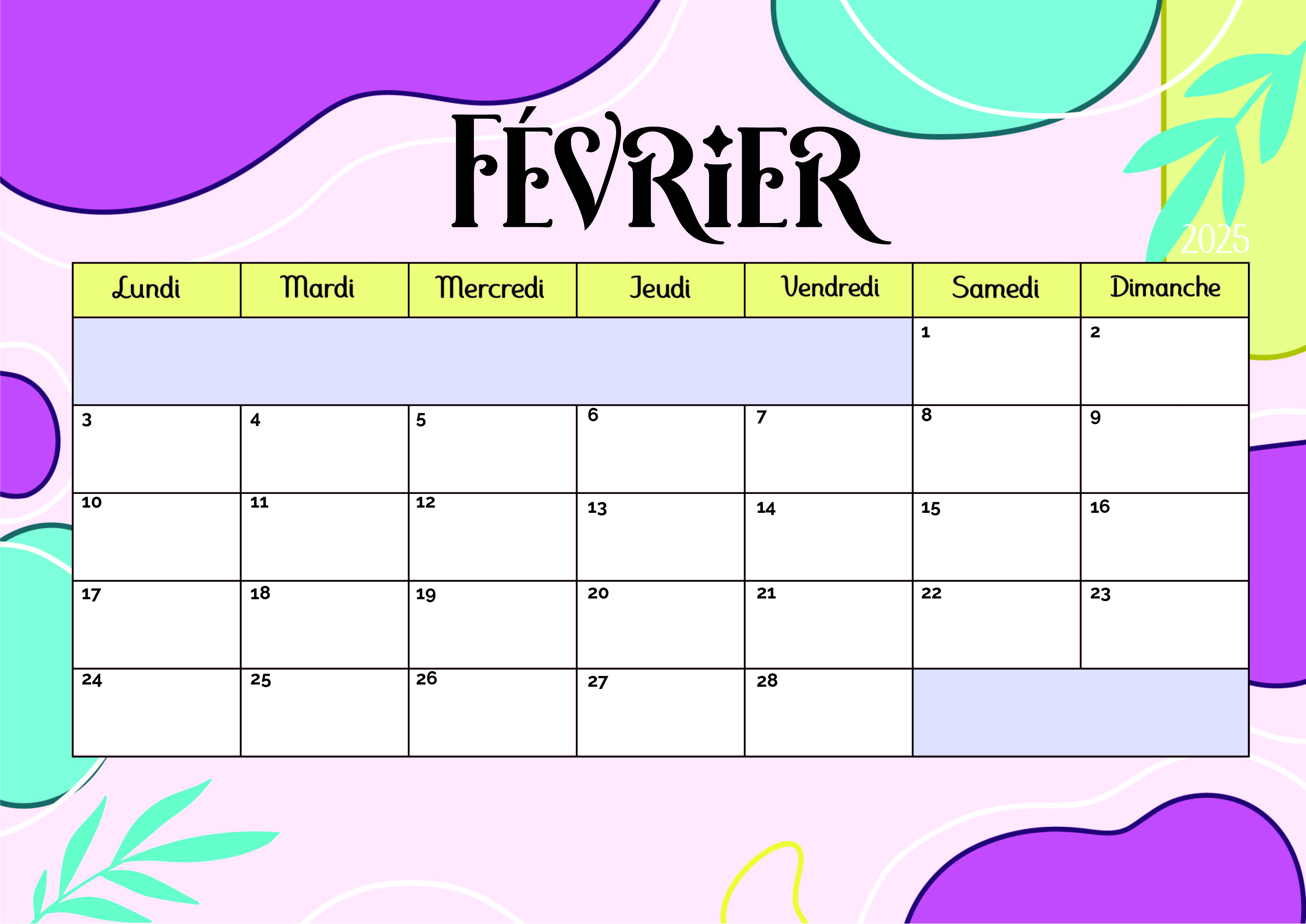 Calendrier de Février 2025 à imprimer en PDF