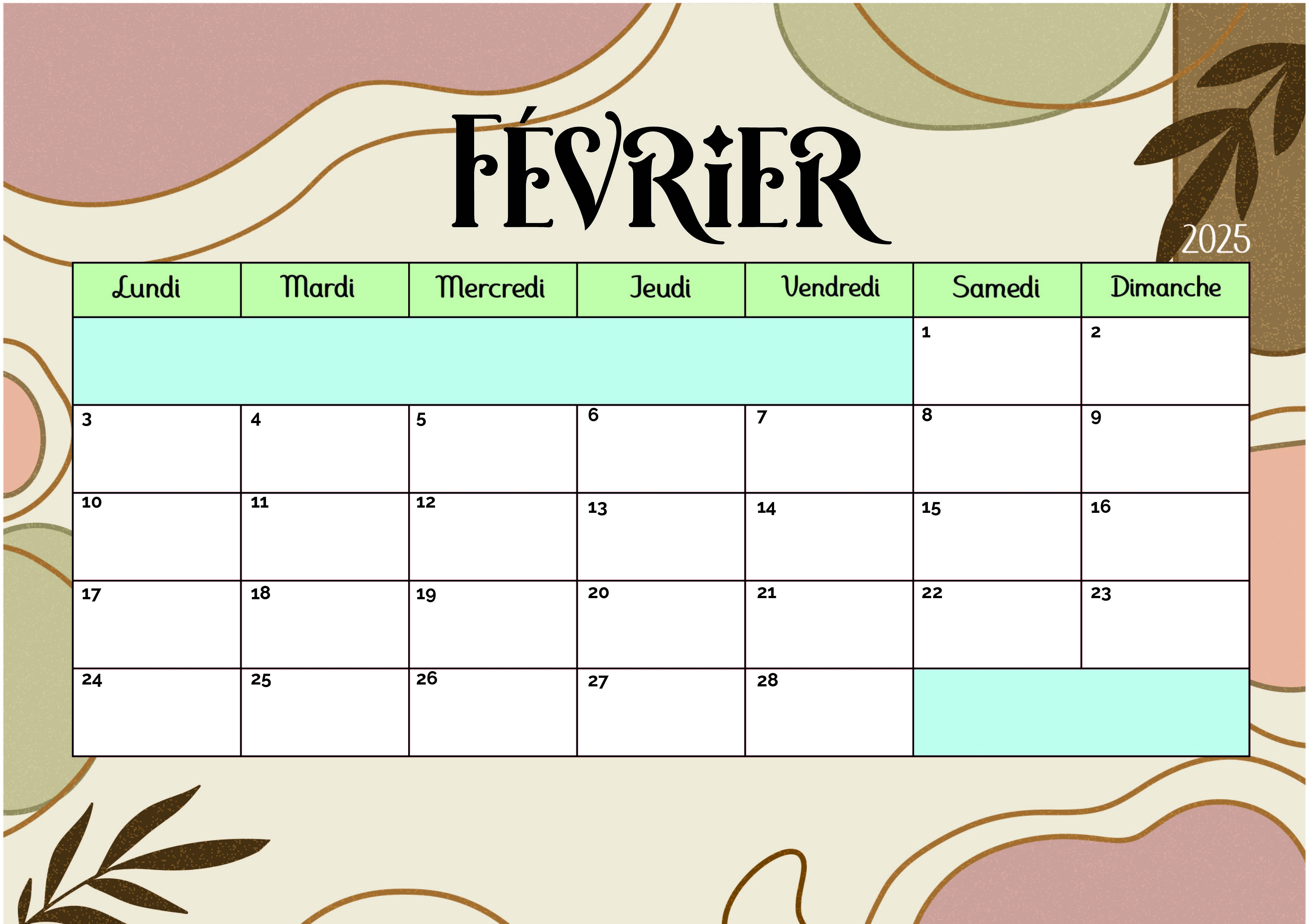 Calendrier de Février 2025 à imprimer en PDF