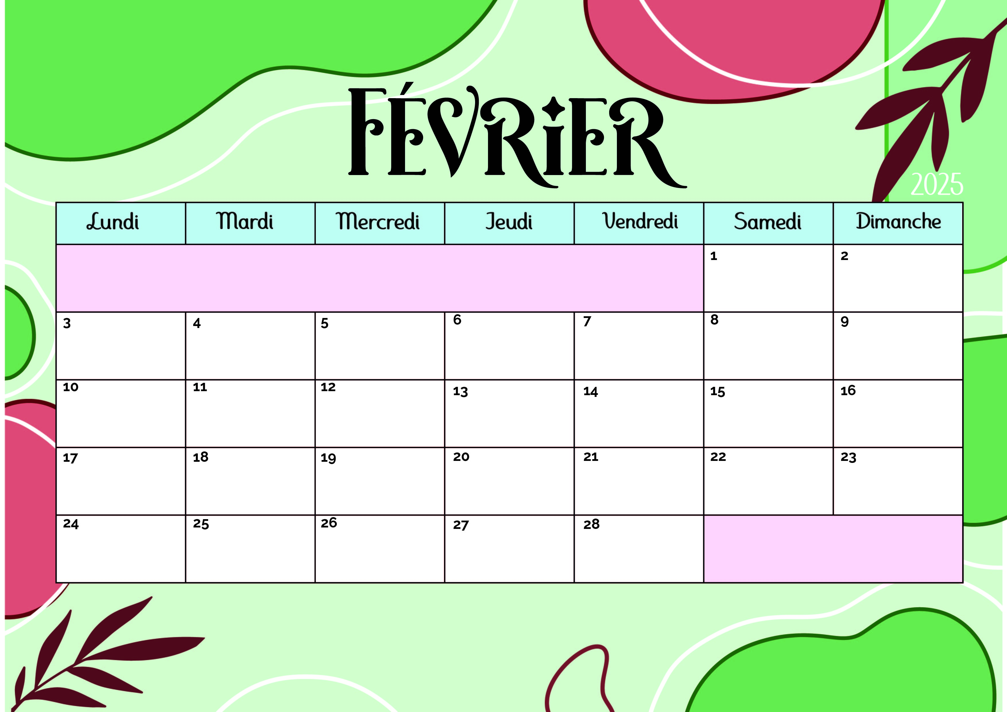 Calendrier de Février 2025 à imprimer en PDF