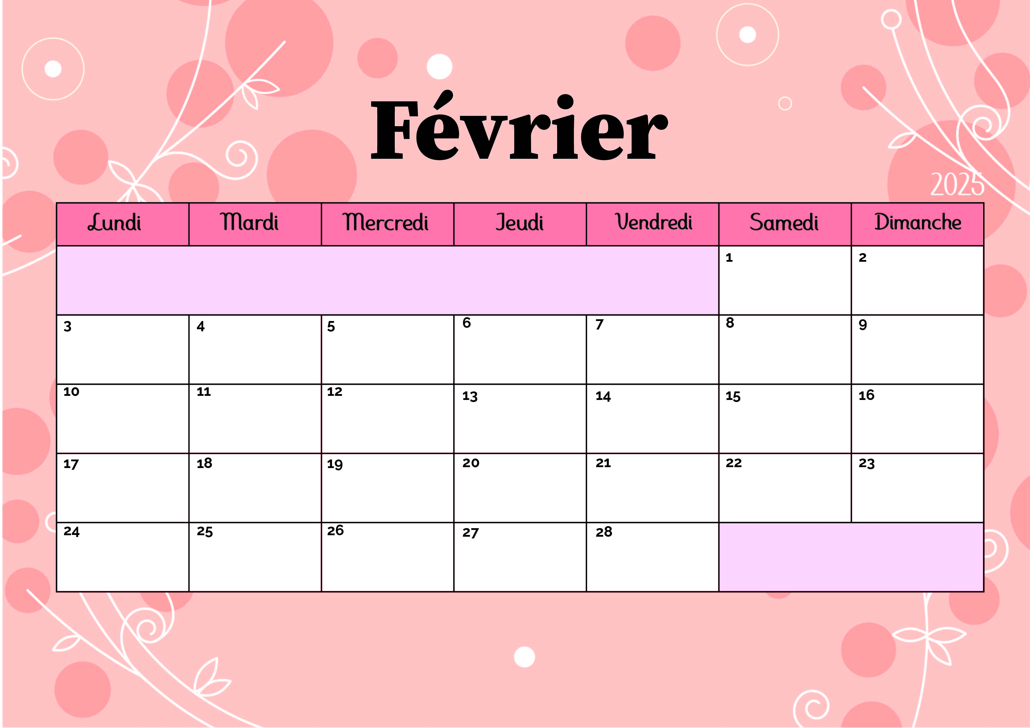 Calendrier de Février 2025 à imprimer en PDF