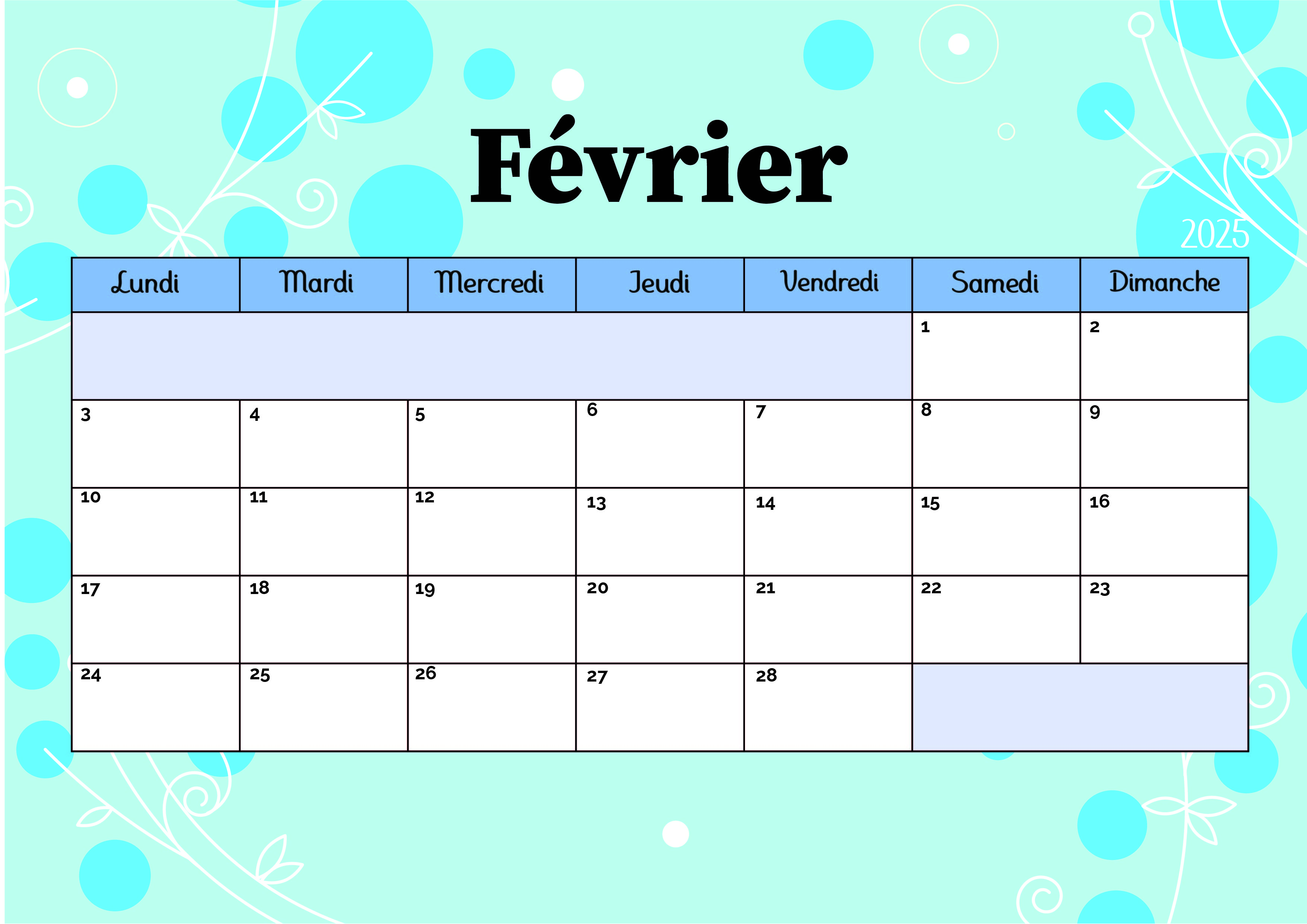 Calendrier Février 2025 à imprimer