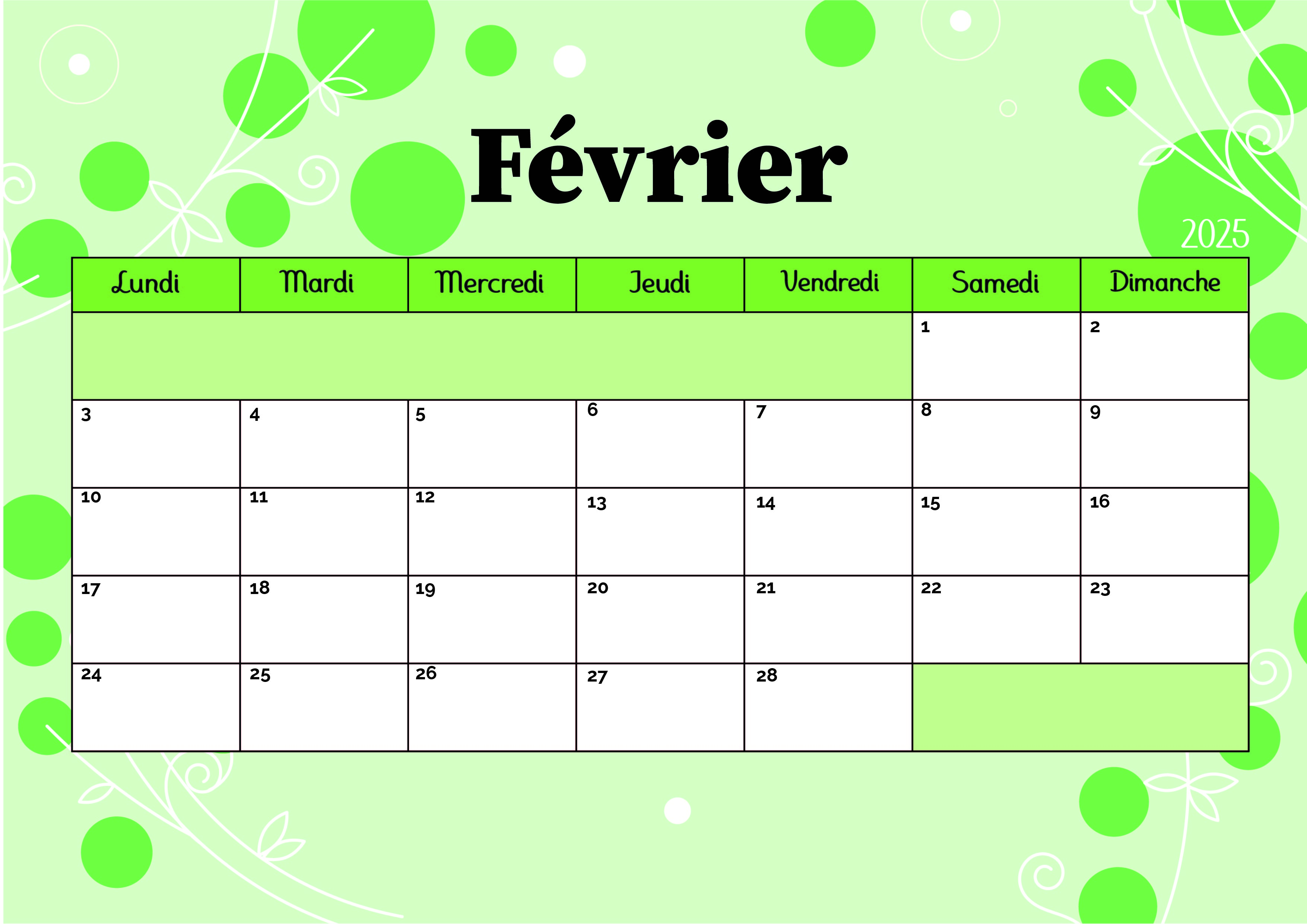 Calendrier de Février 2025 à imprimer en PDF