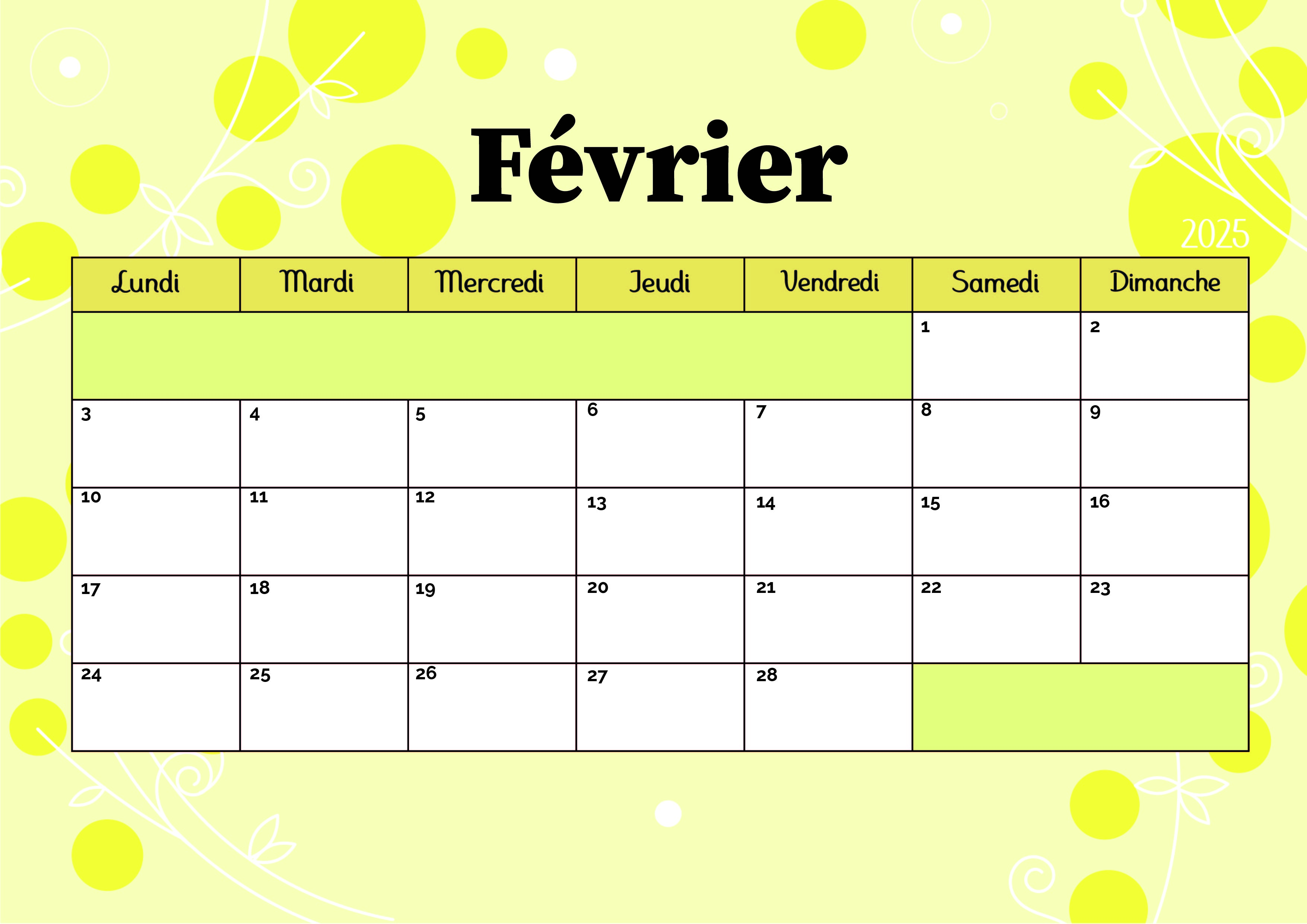 Calendrier de Février 2025 à imprimer en PDF