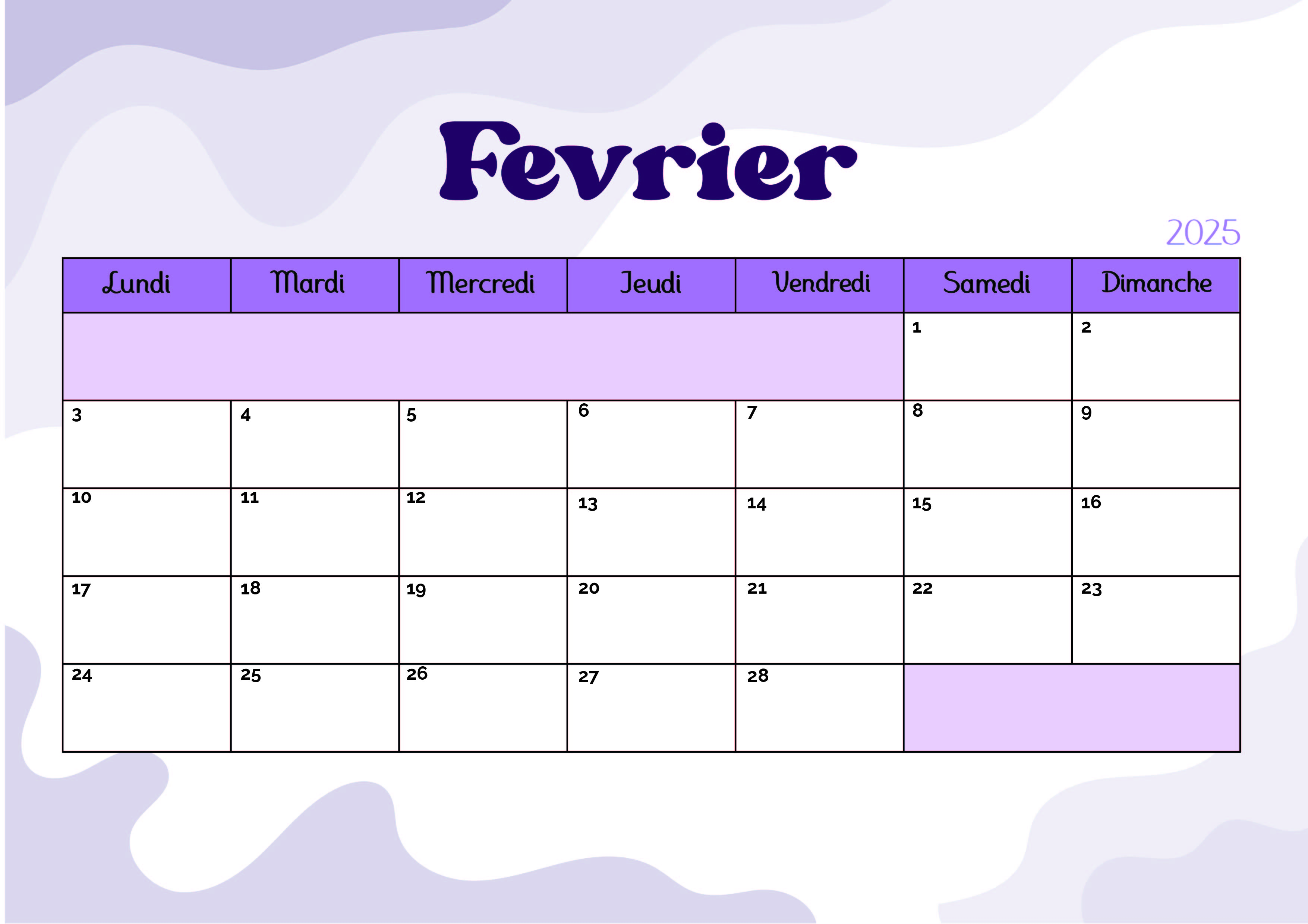 Calendrier de Février 2025 à imprimer en PDF