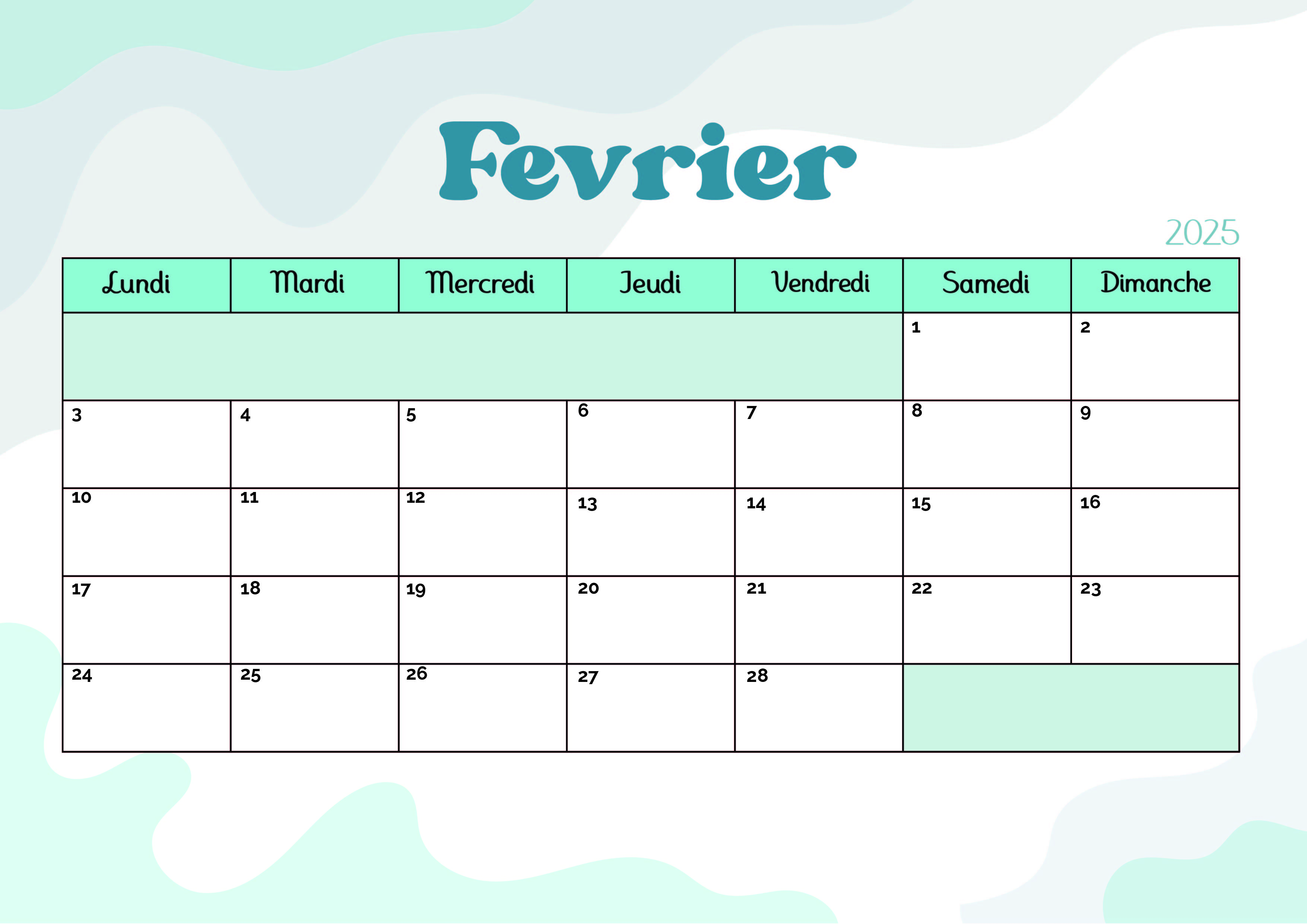 Calendrier de Février 2025 à imprimer en PDF