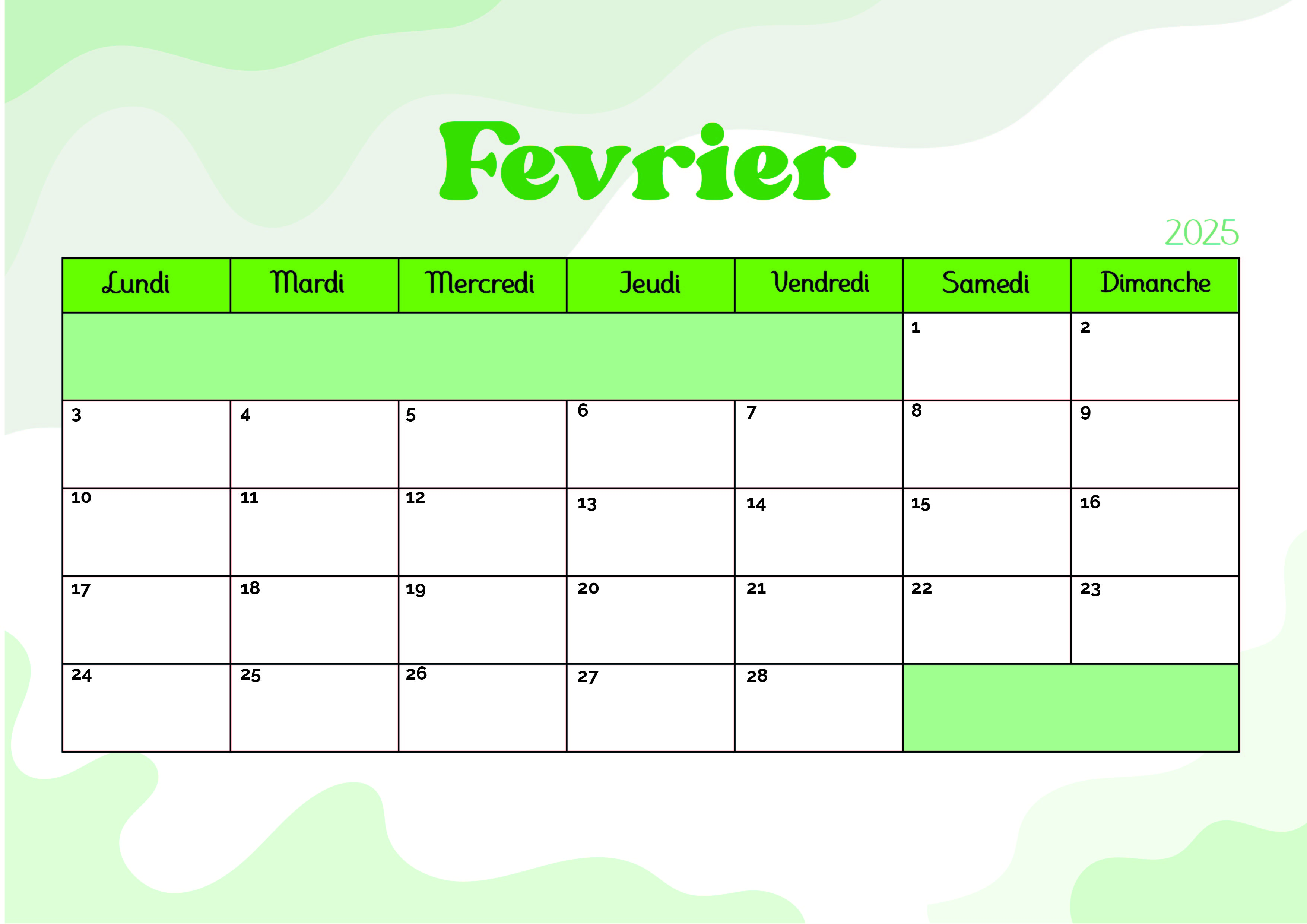 Calendrier de Février 2025 à imprimer en PDF