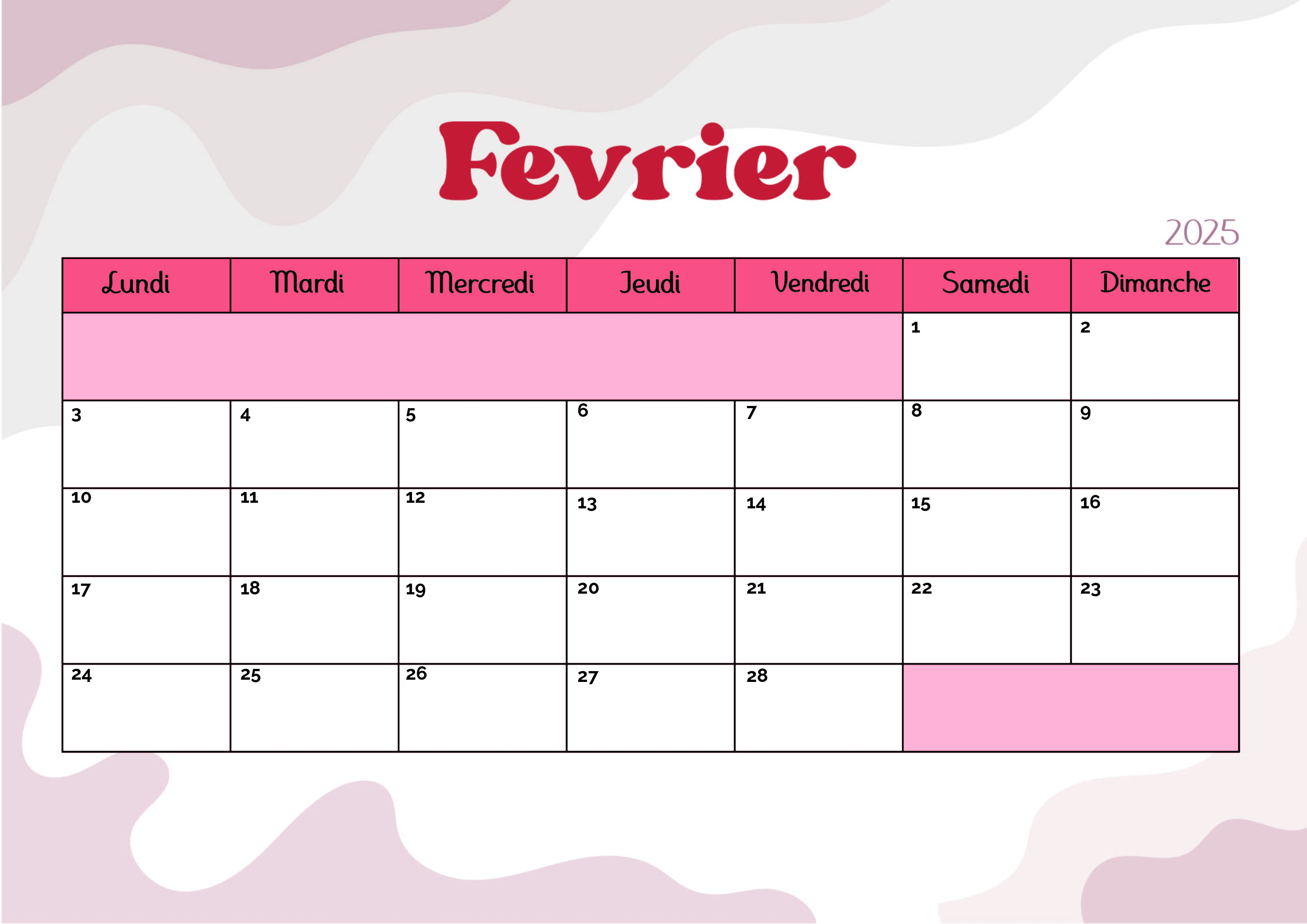 Calendrier de Février 2025 à imprimer en PDF