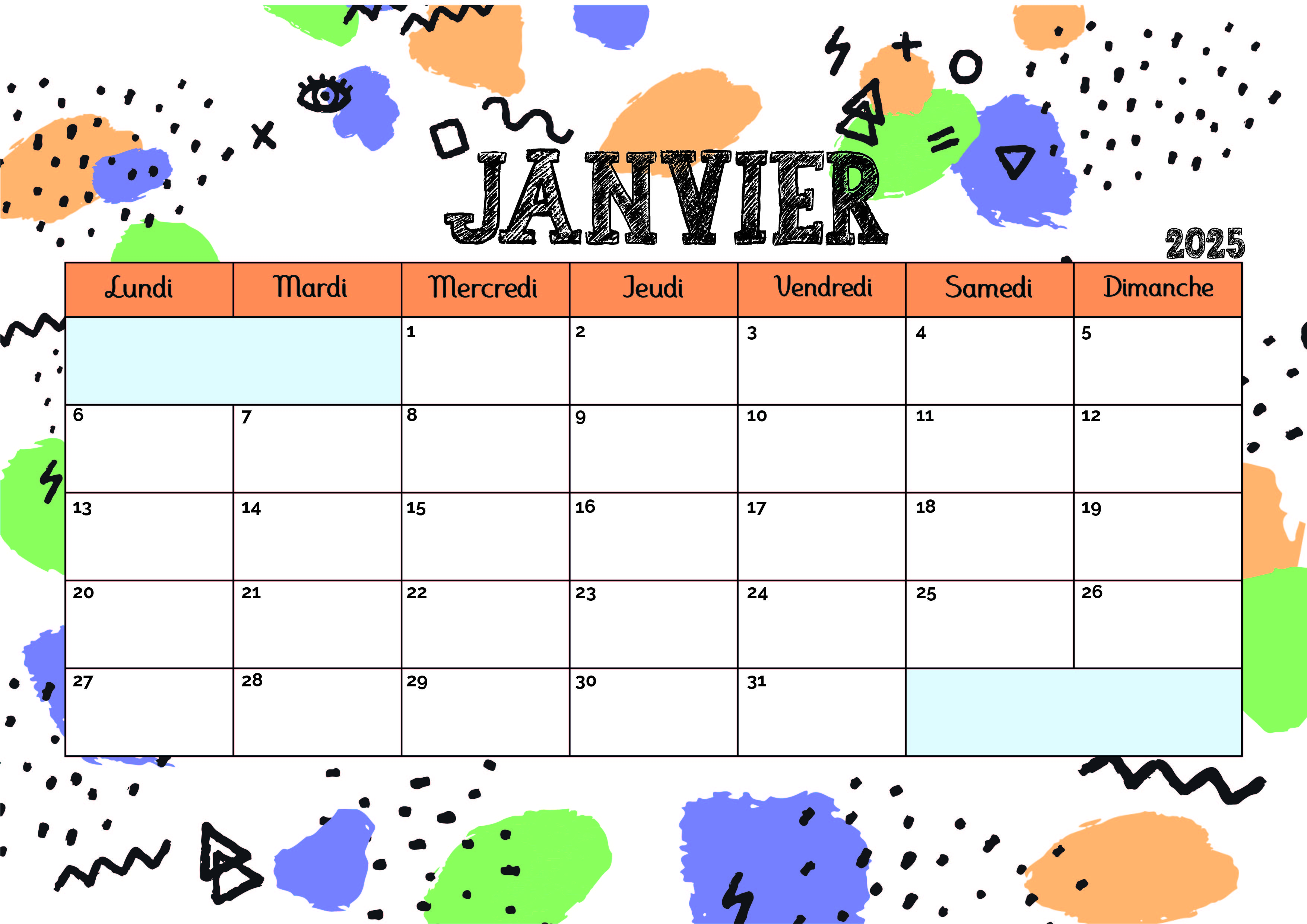 Calendrier de Janvier 2025 à imprimer en PDF