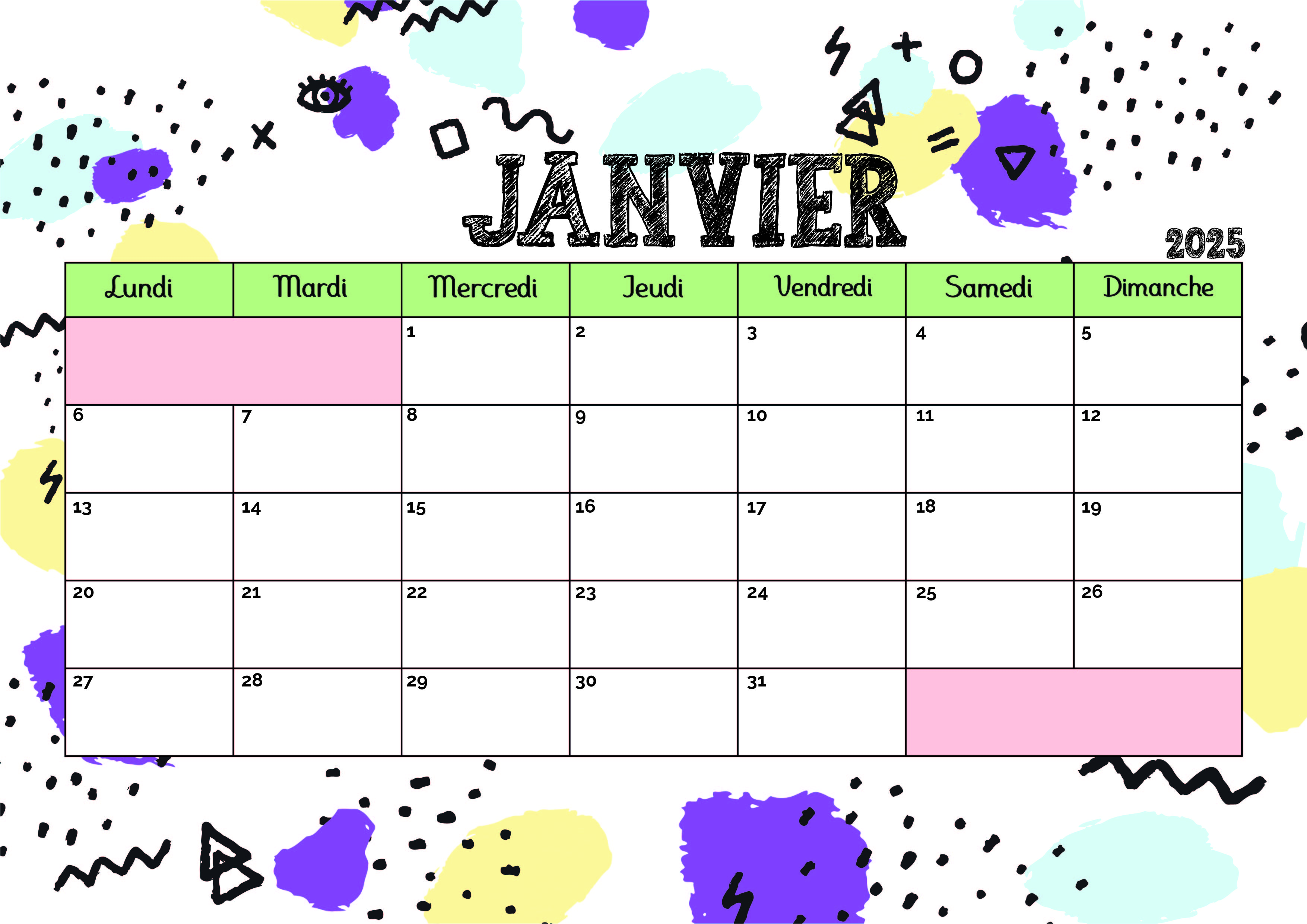 Calendrier de Janvier 2025 à imprimer en PDF