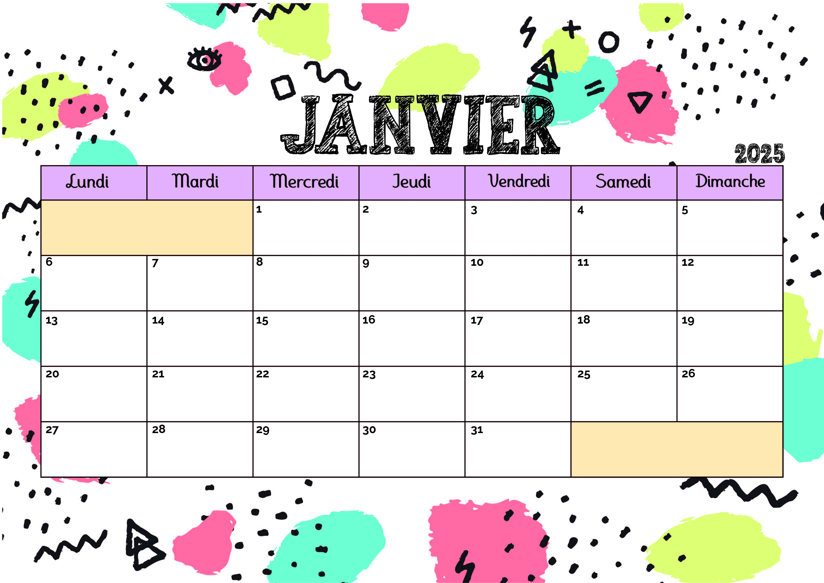 Calendrier de Janvier 2025 à imprimer en PDF