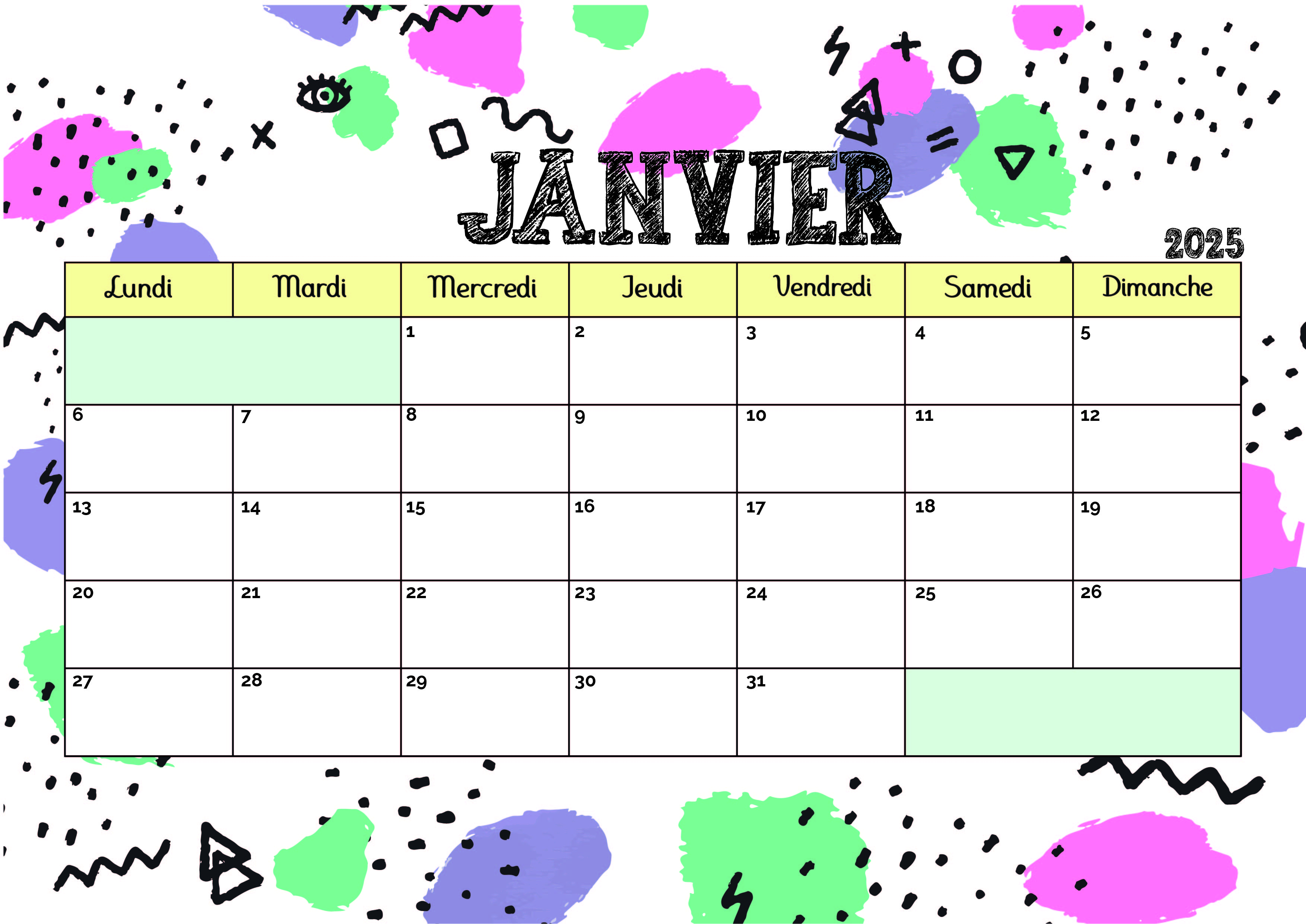 Calendrier de Janvier 2025 à imprimer en PDF