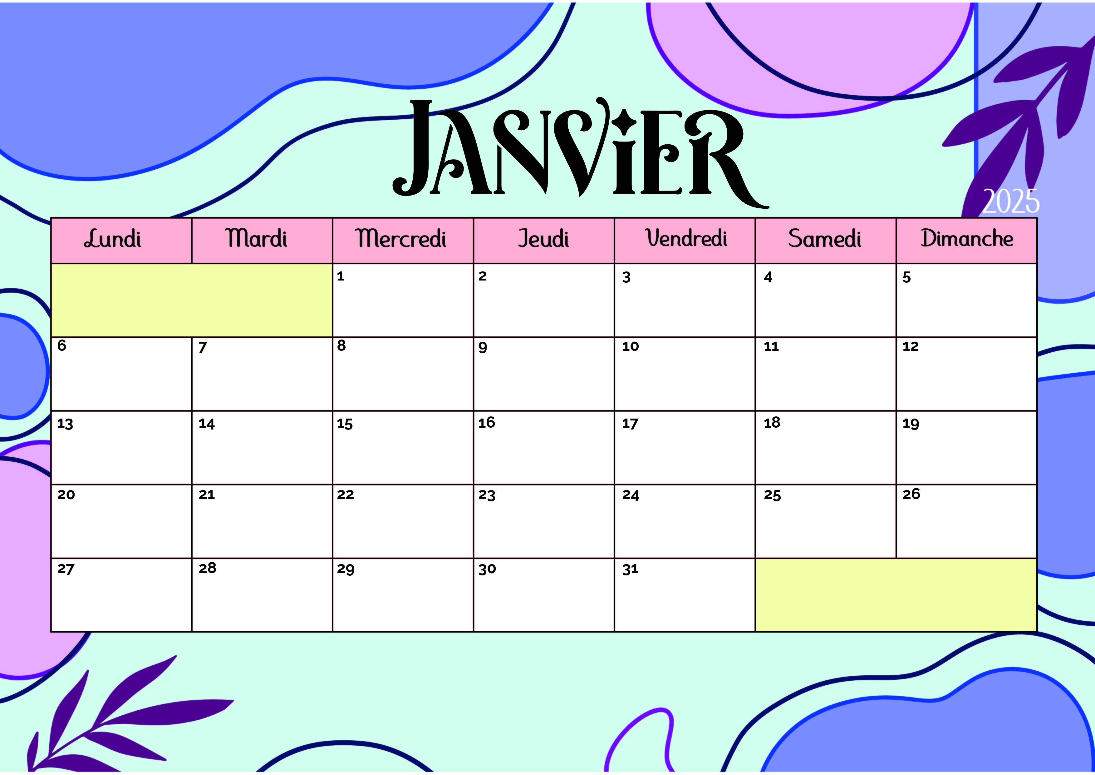 Calendrier de Janvier 2025 à imprimer en PDF