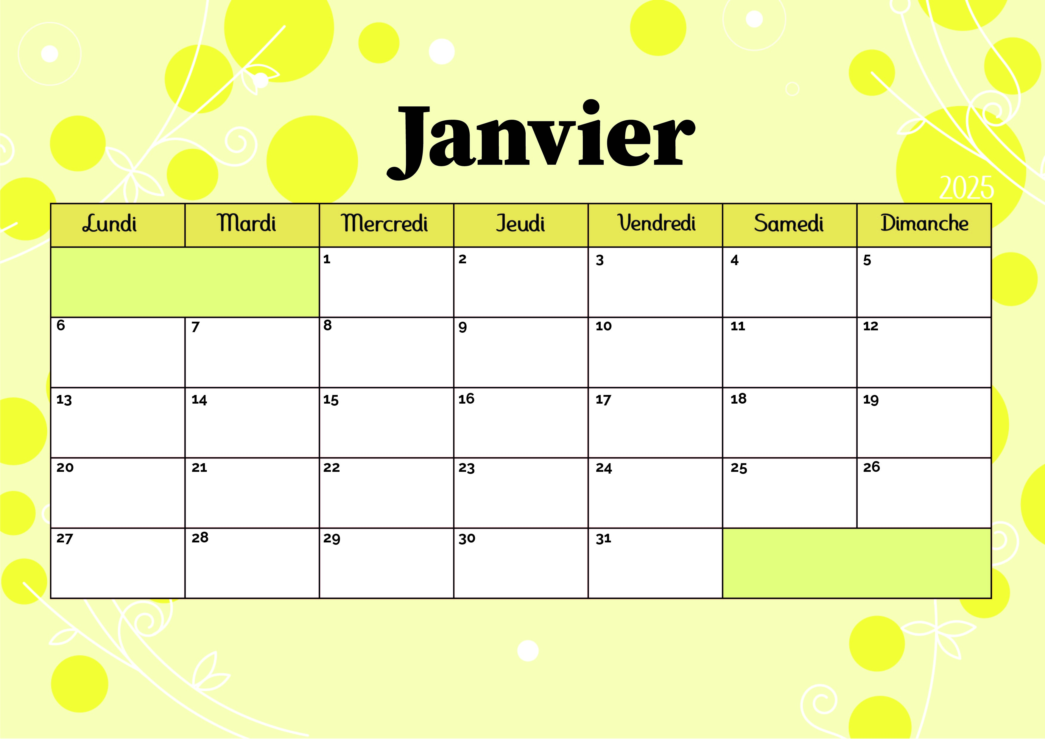 Calendrier de Janvier 2025 à imprimer en PDF